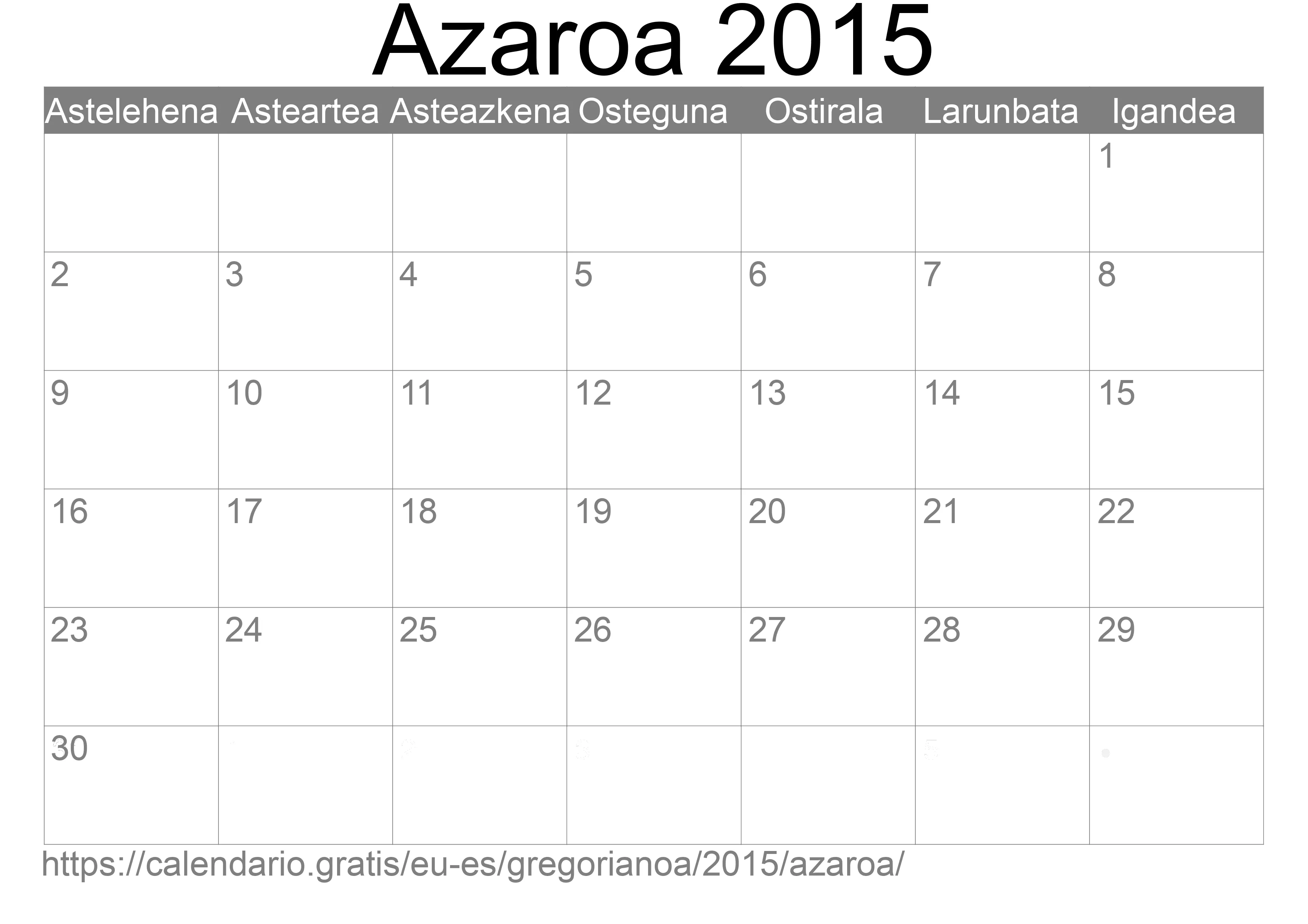 2015ko Azaroa egutegia inprimatzeko (Espainia) 2015ko Azaroa egutegia inprimatzeko (Espainia)