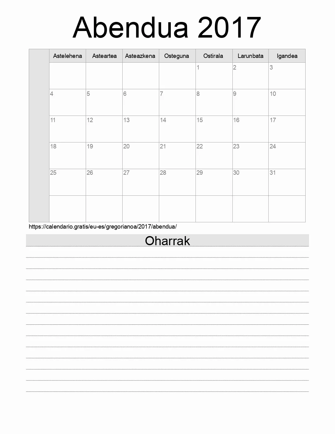 Inprimatzeko Abendua 2017 egutegia, oharrekin. (Espainia) Inprimatzeko Abendua 2017 egutegia, oharrekin. (Espainia)