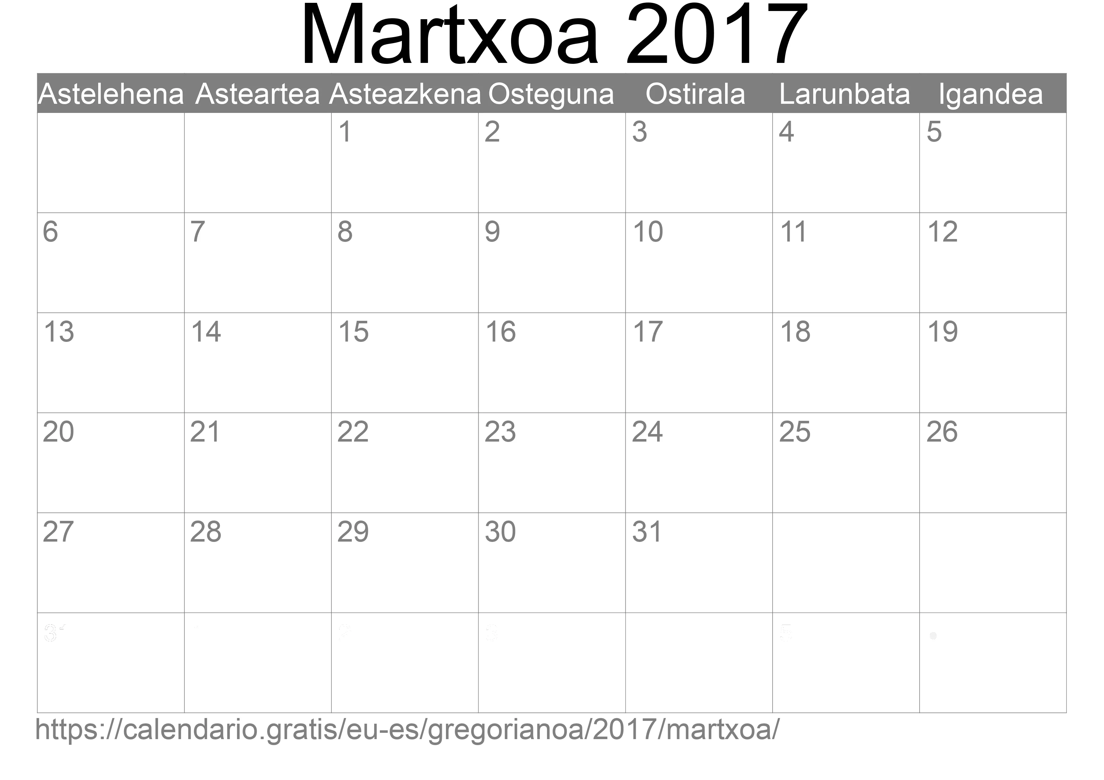 2017ko Martxoa egutegia inprimatzeko (Espainia) 2017ko Martxoa egutegia inprimatzeko (Espainia)