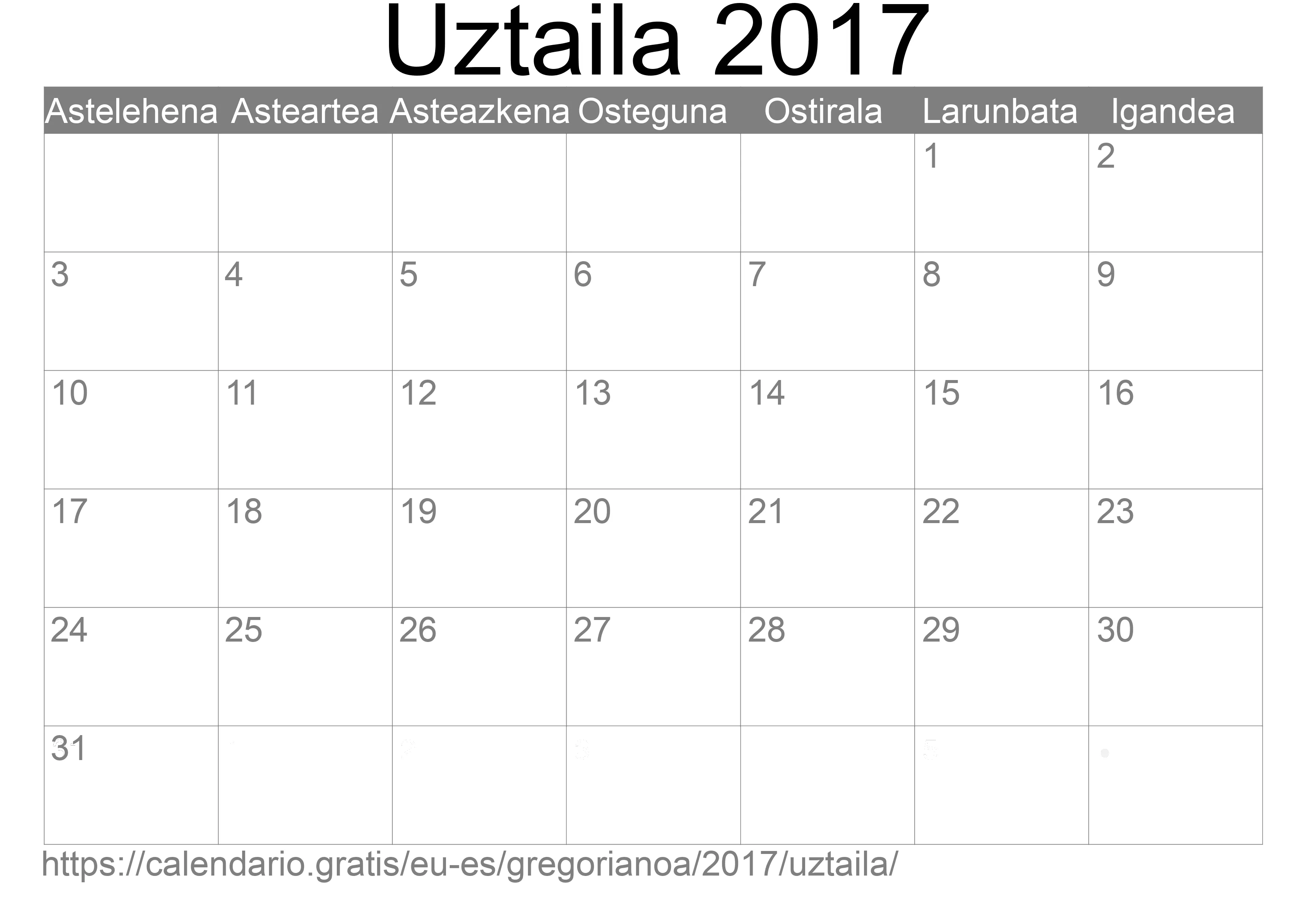 2017ko Uztaila egutegia inprimatzeko (Espainia) 2017ko Uztaila egutegia inprimatzeko (Espainia)