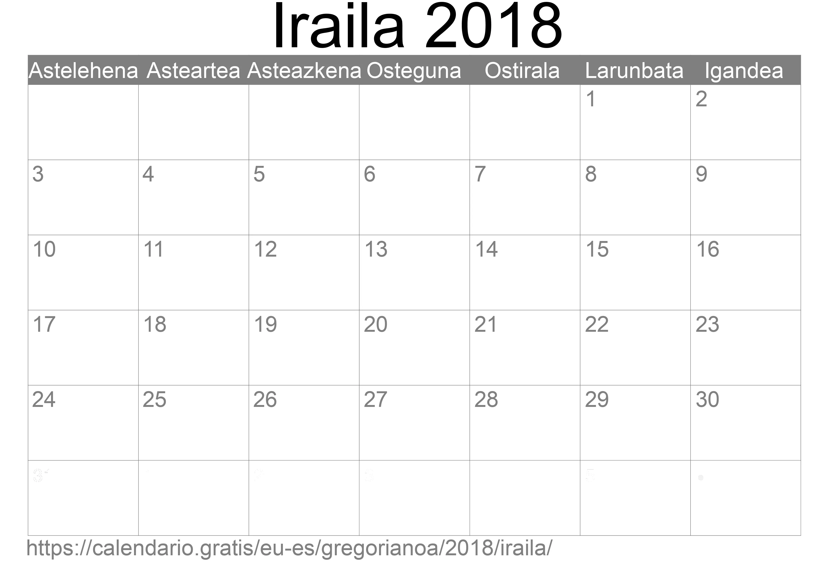 2018ko Iraila egutegia inprimatzeko (Espainia) 2018ko Iraila egutegia inprimatzeko (Espainia)