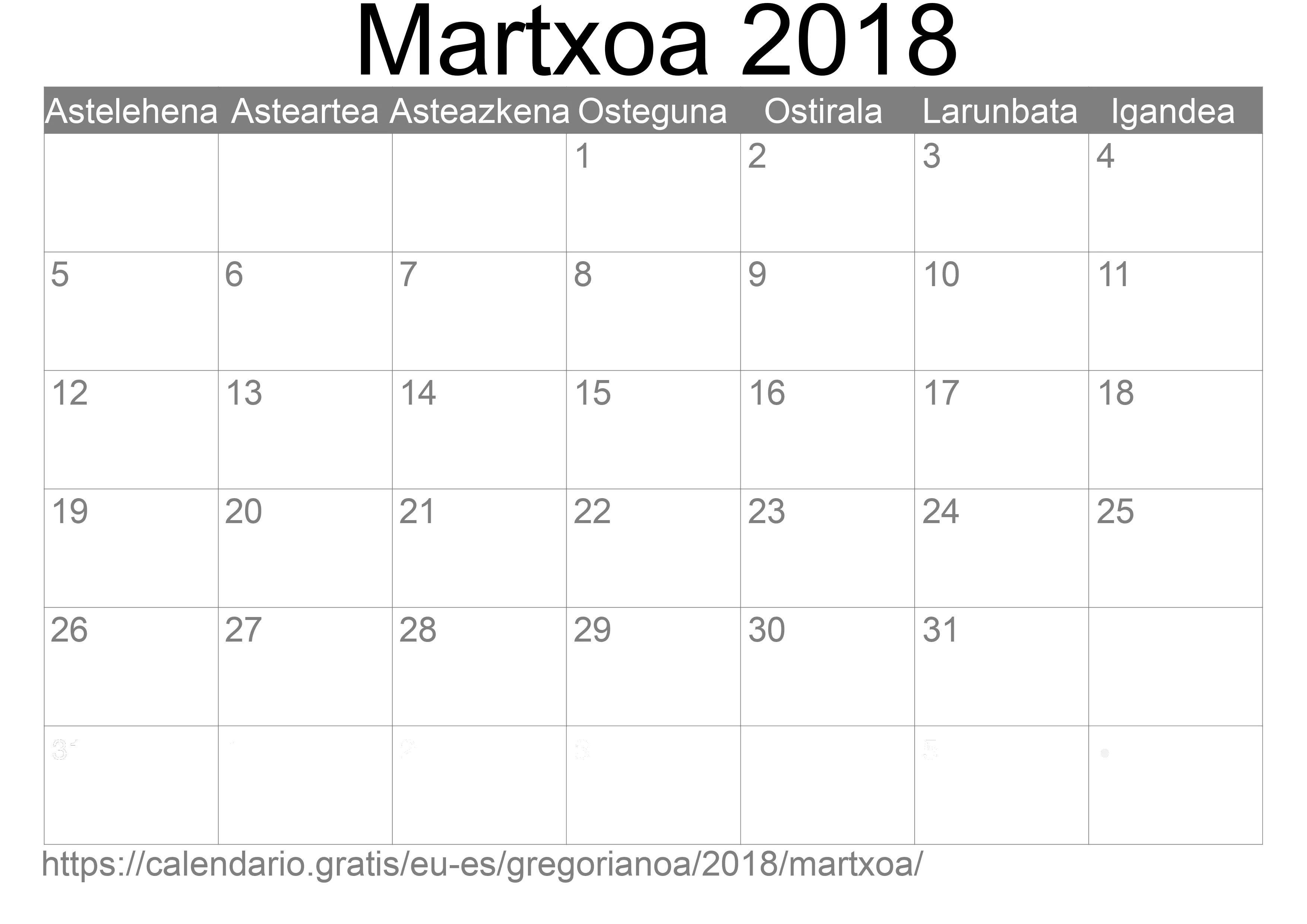 2018ko Martxoa egutegia inprimatzeko (Espainia) 2018ko Martxoa egutegia inprimatzeko (Espainia)