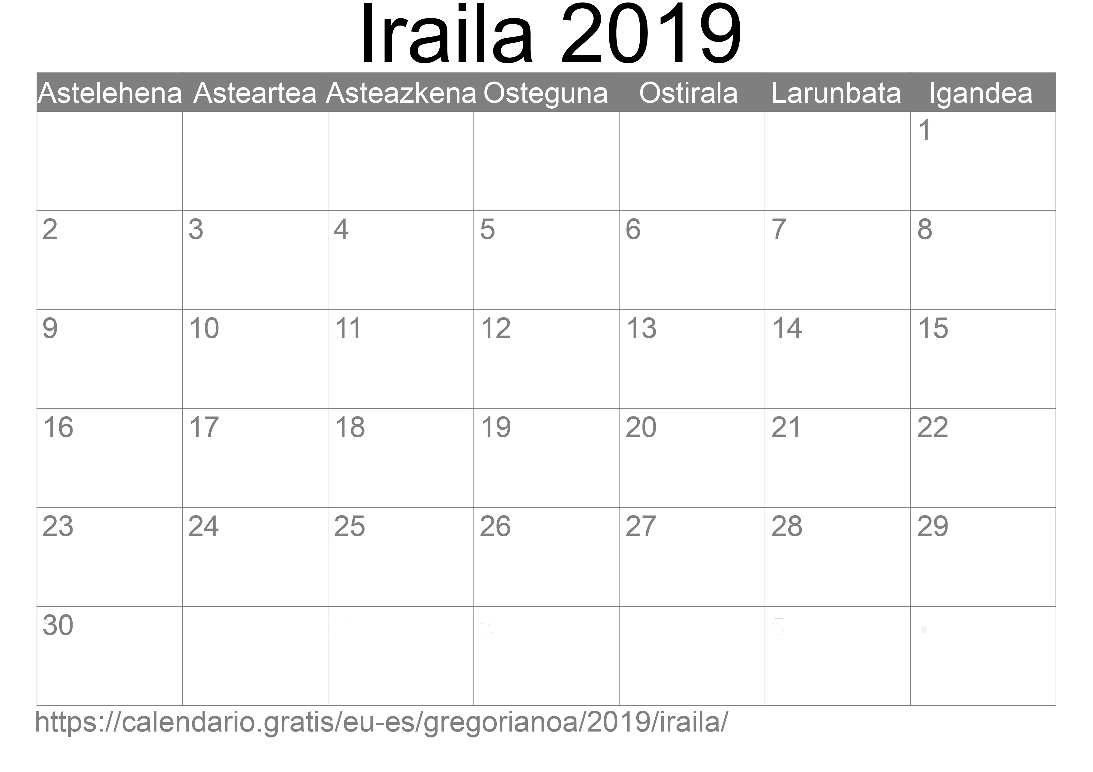 2019ko Iraila egutegia inprimatzeko (Espainia) 2019ko Iraila egutegia inprimatzeko (Espainia)