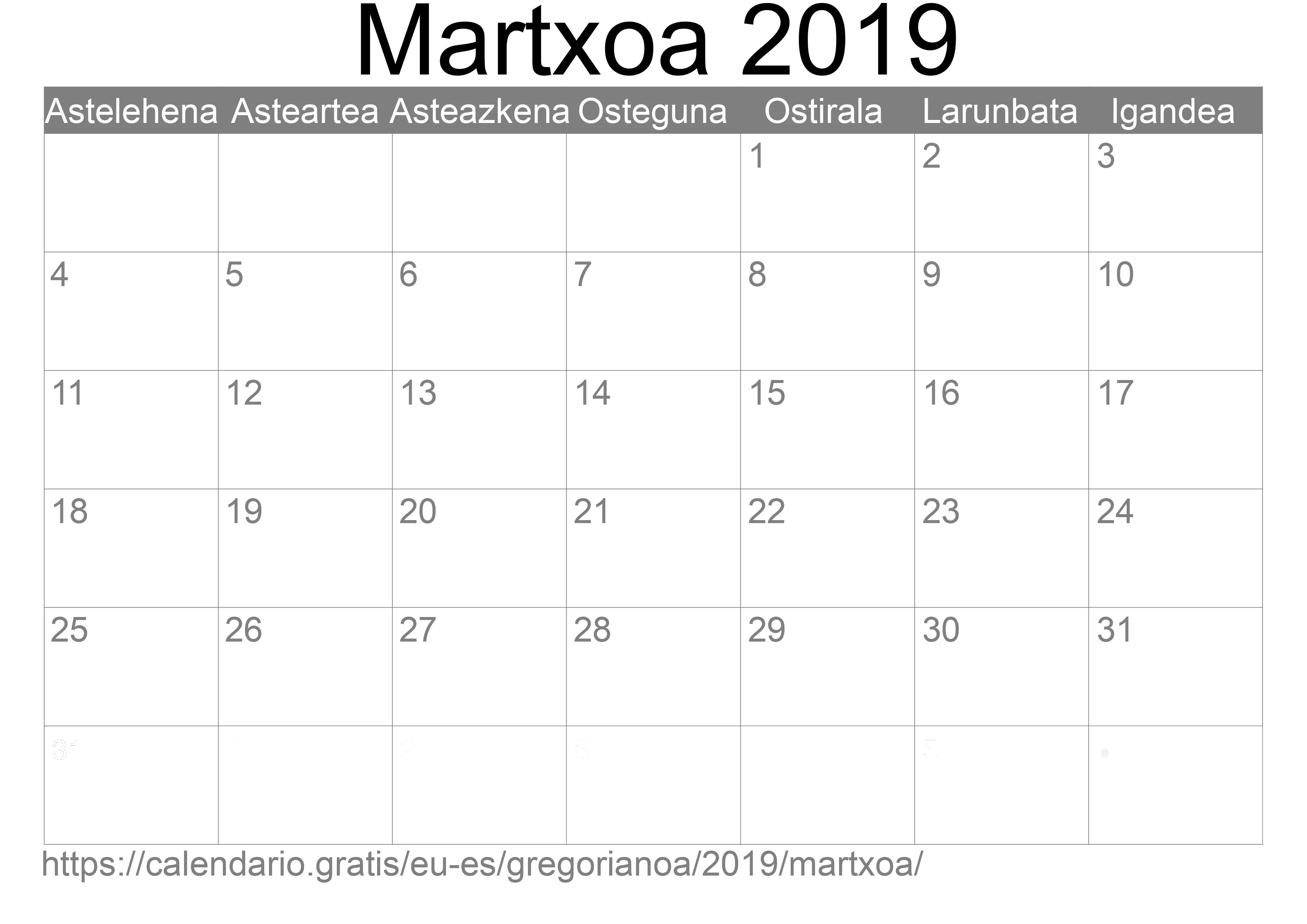 2019ko Martxoa egutegia inprimatzeko (Espainia) 2019ko Martxoa egutegia inprimatzeko (Espainia)