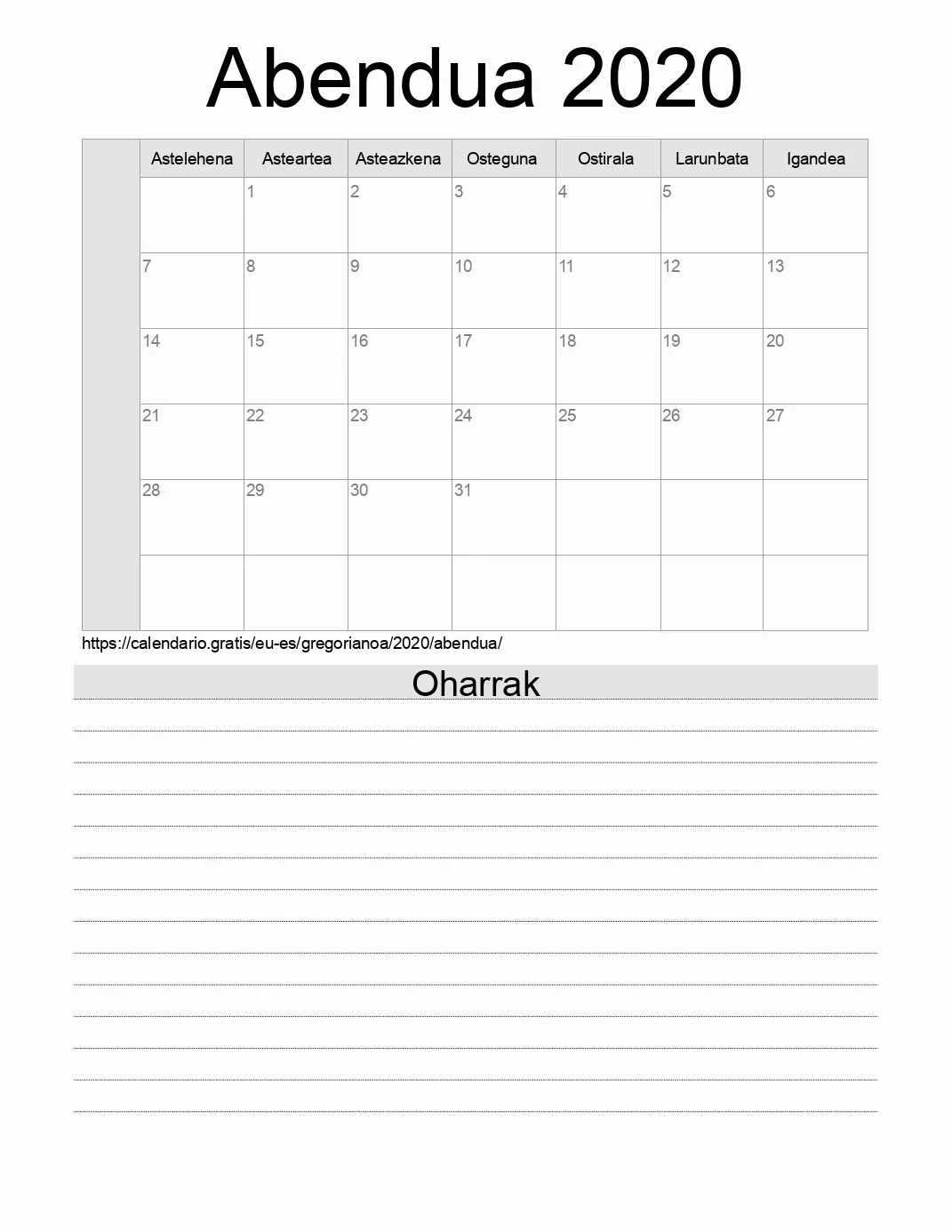 Inprimatzeko Abendua 2020 egutegia, oharrekin. (Espainia) Inprimatzeko Abendua 2020 egutegia, oharrekin. (Espainia)