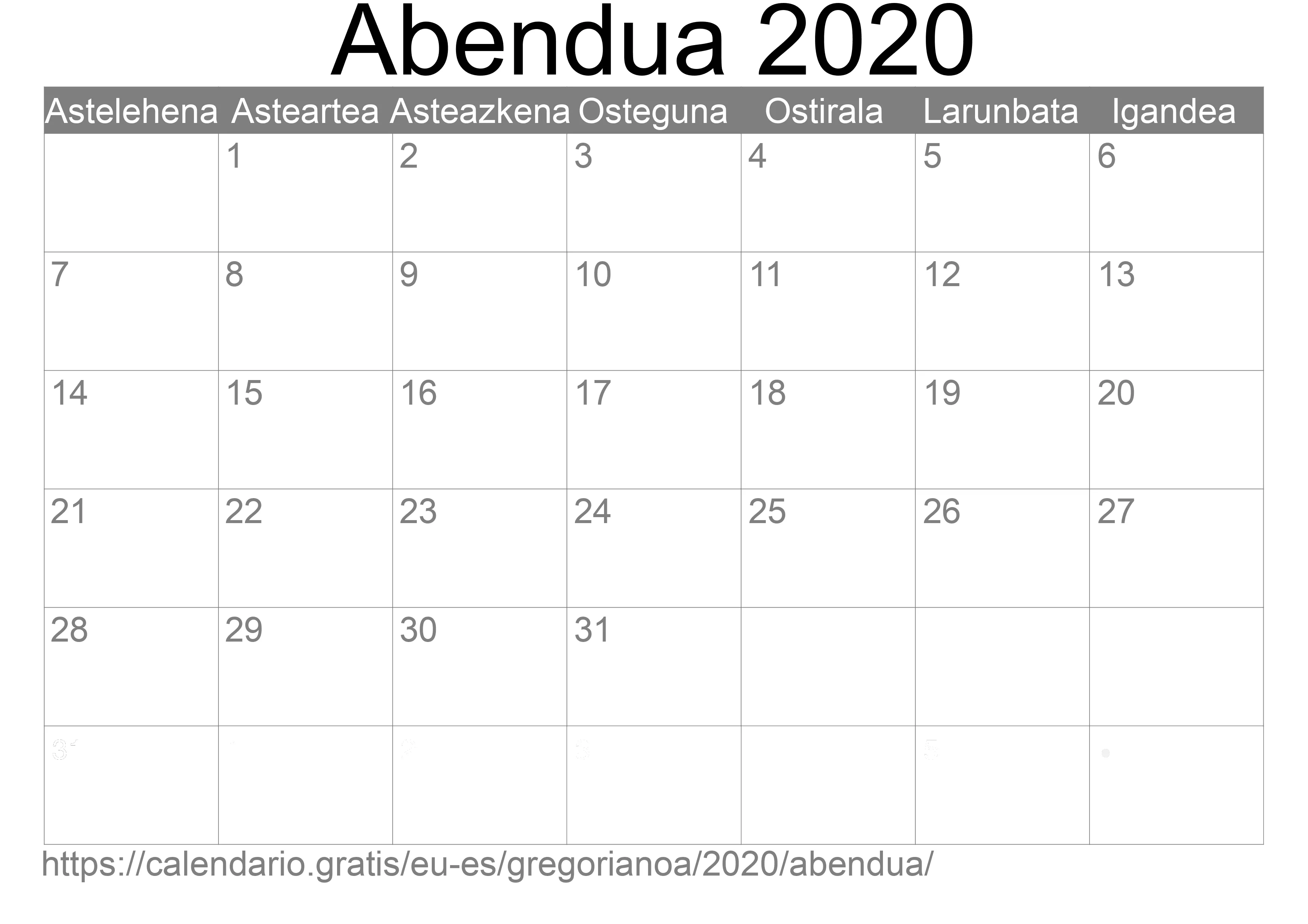 2020ko Abendua egutegia inprimatzeko (Espainia) 2020ko Abendua egutegia inprimatzeko (Espainia)