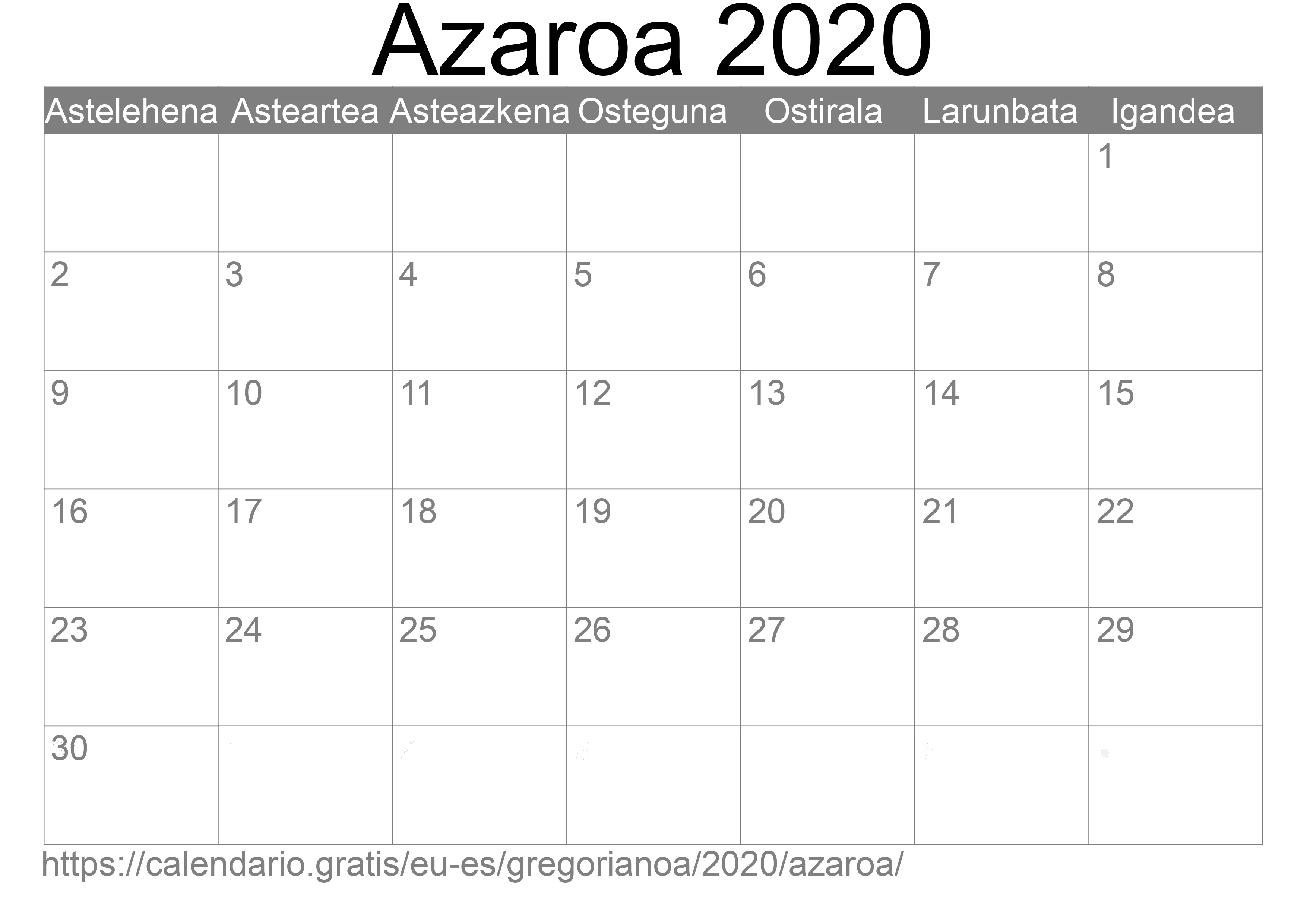 2020ko Azaroa egutegia inprimatzeko (Espainia) 2020ko Azaroa egutegia inprimatzeko (Espainia)