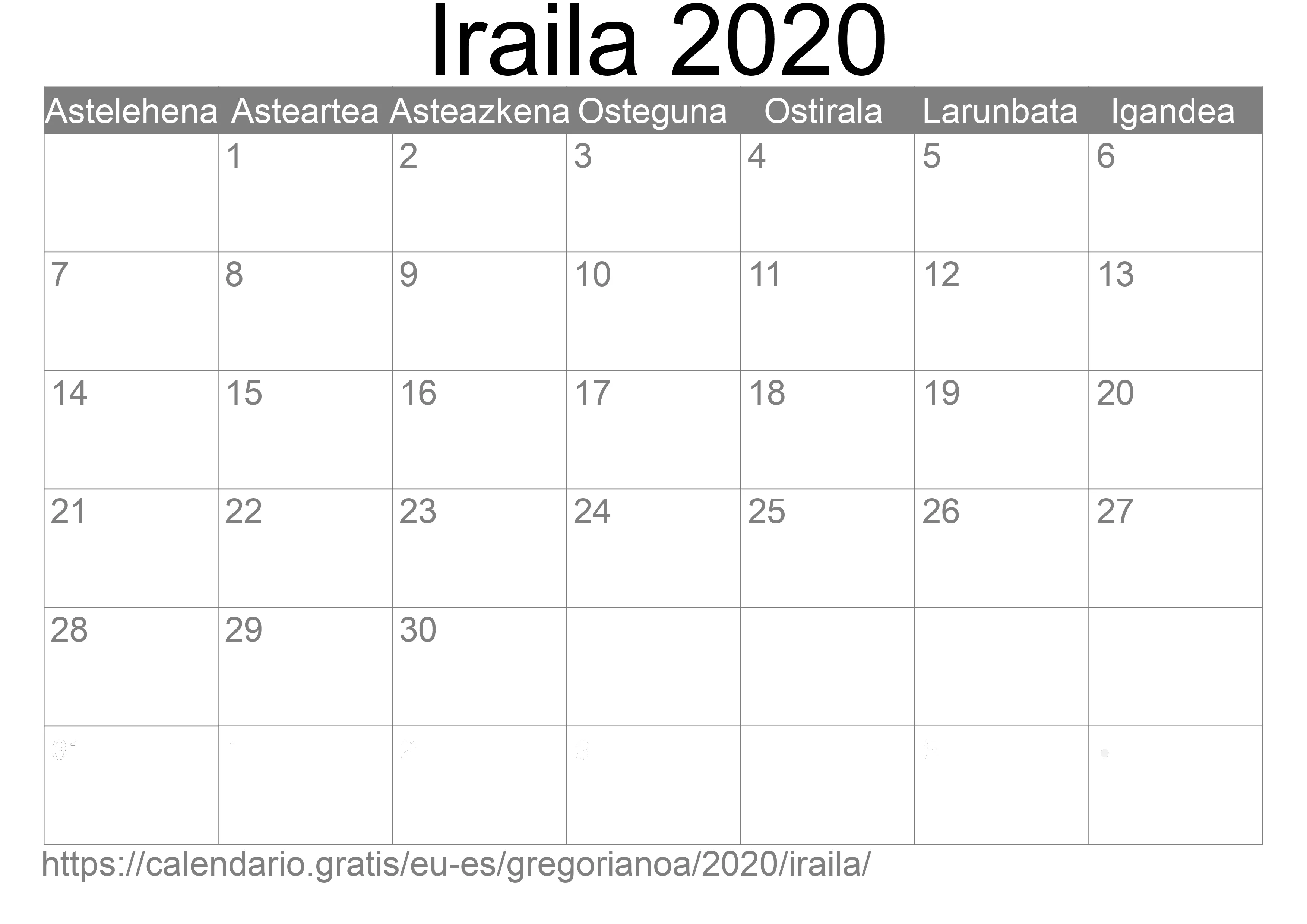 2020ko Iraila egutegia inprimatzeko (Espainia) 2020ko Iraila egutegia inprimatzeko (Espainia)
