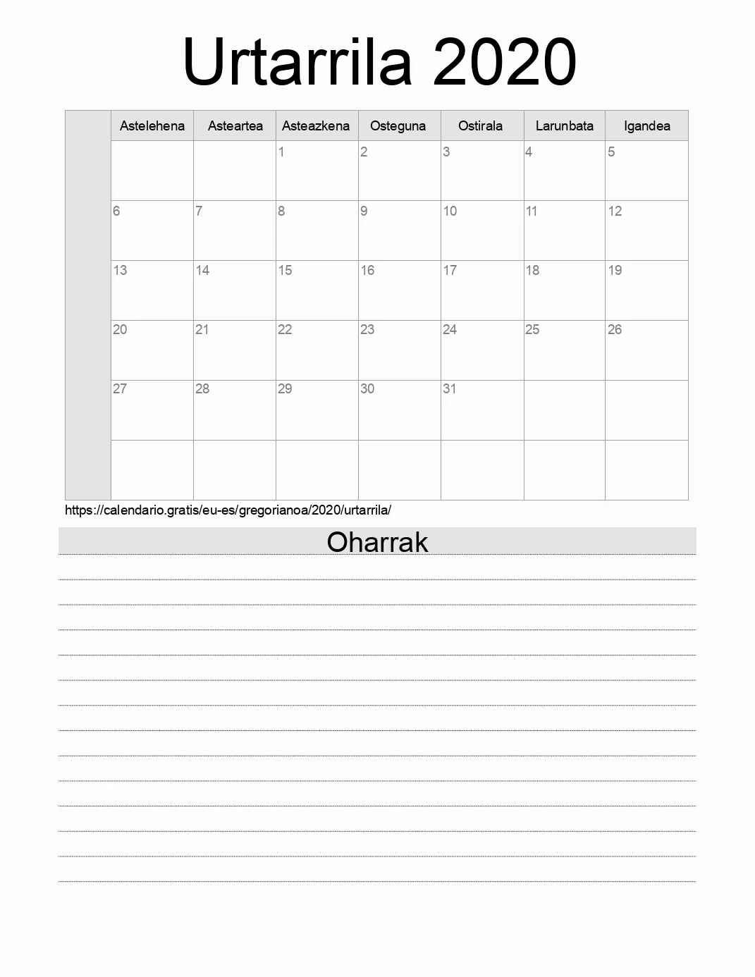 Inprimatzeko Urtarrila 2020 egutegia, oharrekin. (Espainia) Inprimatzeko Urtarrila 2020 egutegia, oharrekin. (Espainia)