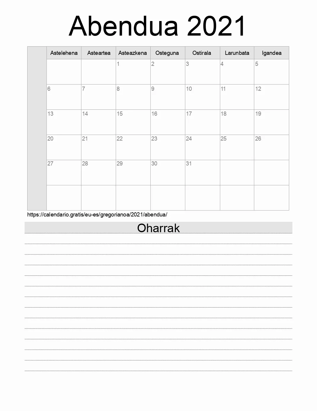 Inprimatzeko Abendua 2021 egutegia, oharrekin. (Espainia) Inprimatzeko Abendua 2021 egutegia, oharrekin. (Espainia)
