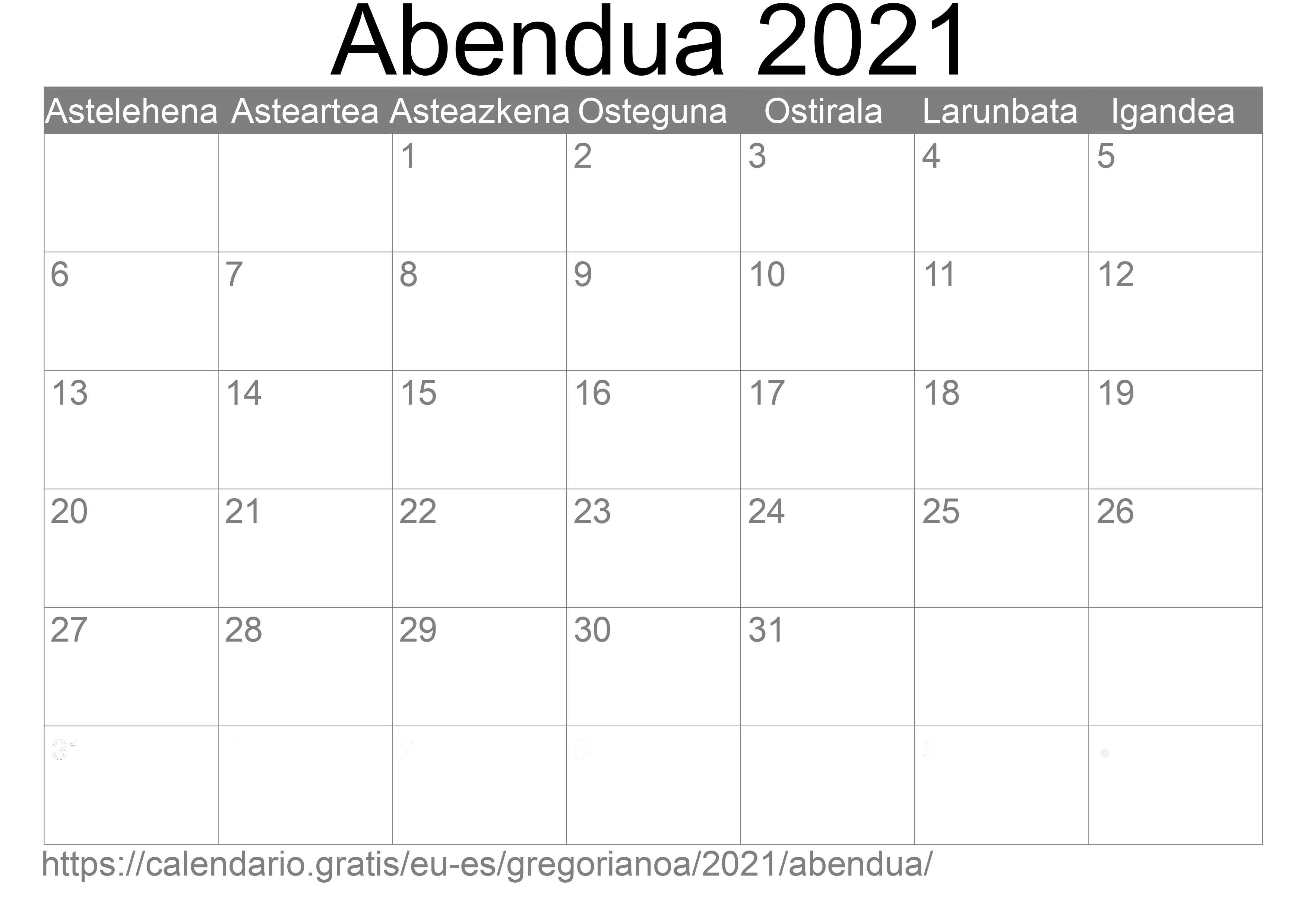 2021ko Abendua egutegia inprimatzeko (Espainia) 2021ko Abendua egutegia inprimatzeko (Espainia)