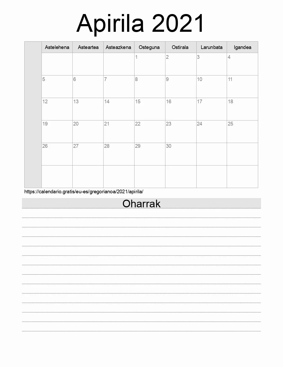 Inprimatzeko Apirila 2021 egutegia, oharrekin. (Espainia) Inprimatzeko Apirila 2021 egutegia, oharrekin. (Espainia)