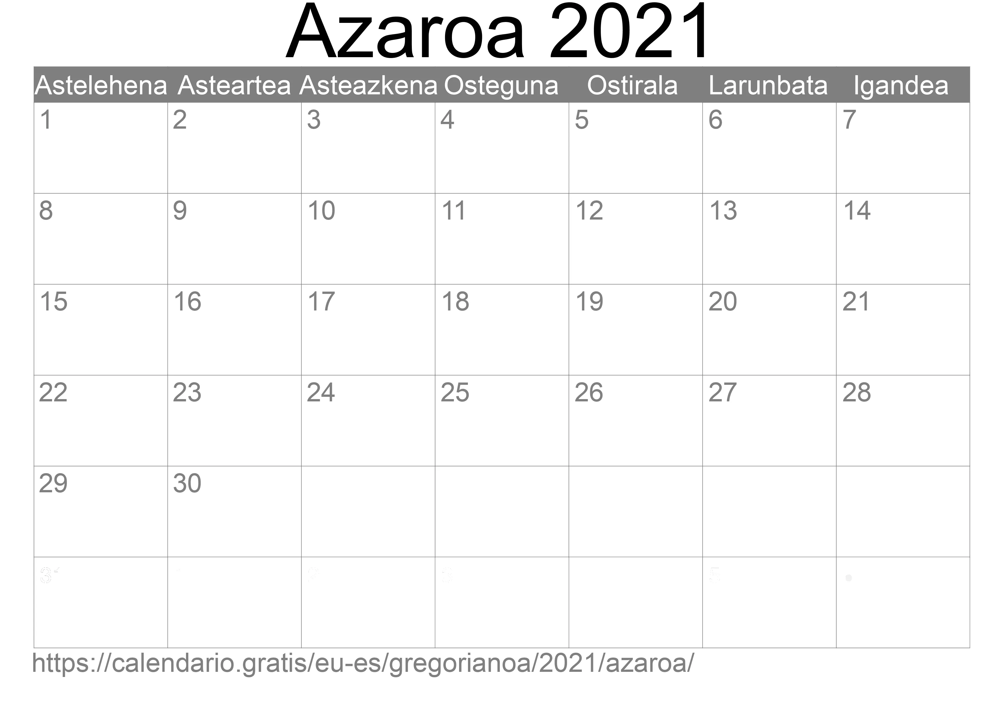 2021ko Azaroa egutegia inprimatzeko (Espainia) 2021ko Azaroa egutegia inprimatzeko (Espainia)