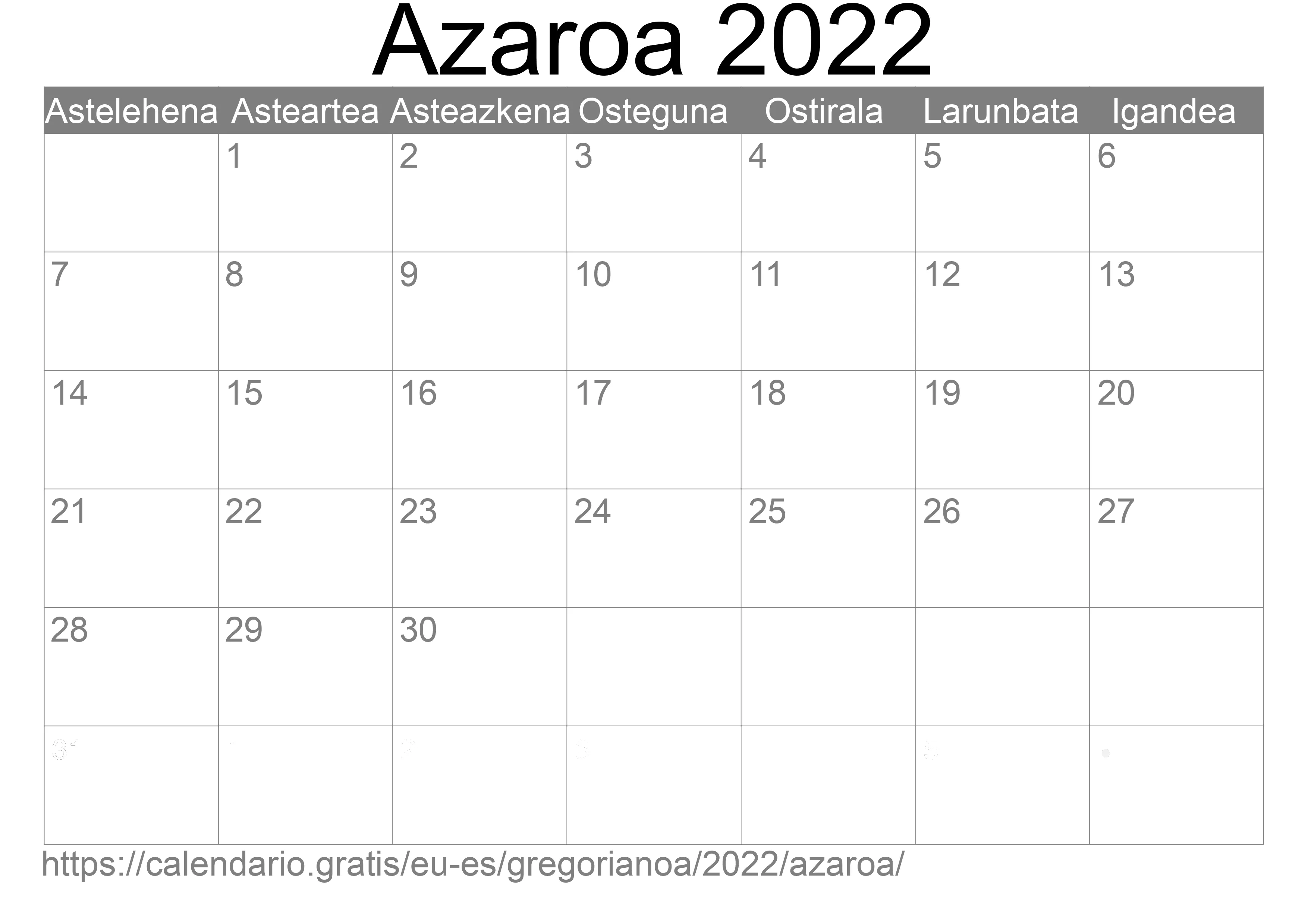 2022ko Azaroa egutegia inprimatzeko (Espainia) 2022ko Azaroa egutegia inprimatzeko (Espainia)