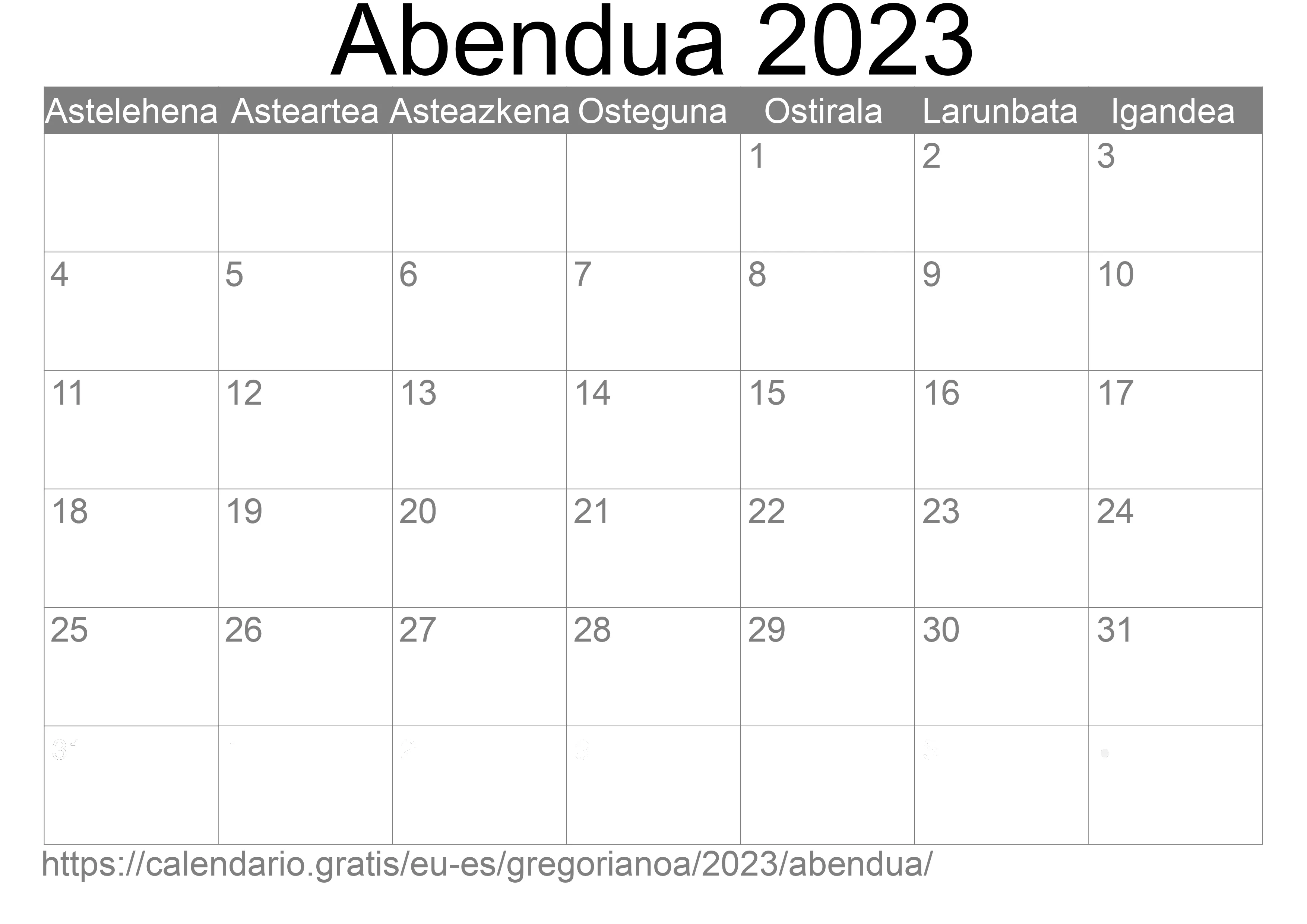 2023ko Abendua egutegia inprimatzeko (Espainia) 2023ko Abendua egutegia inprimatzeko (Espainia)
