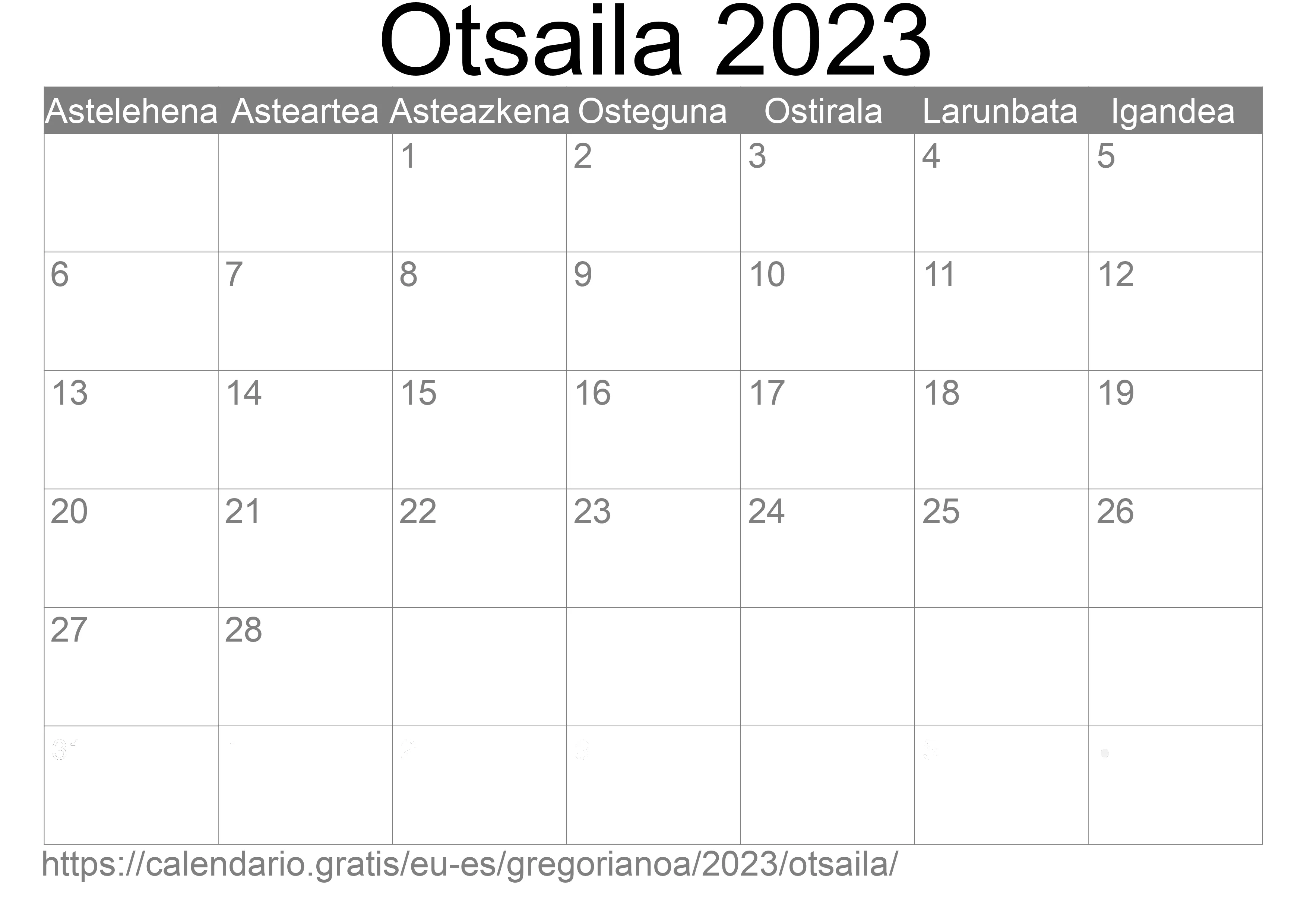 2023ko Otsaila egutegia inprimatzeko (Espainia) 2023ko Otsaila egutegia inprimatzeko (Espainia)