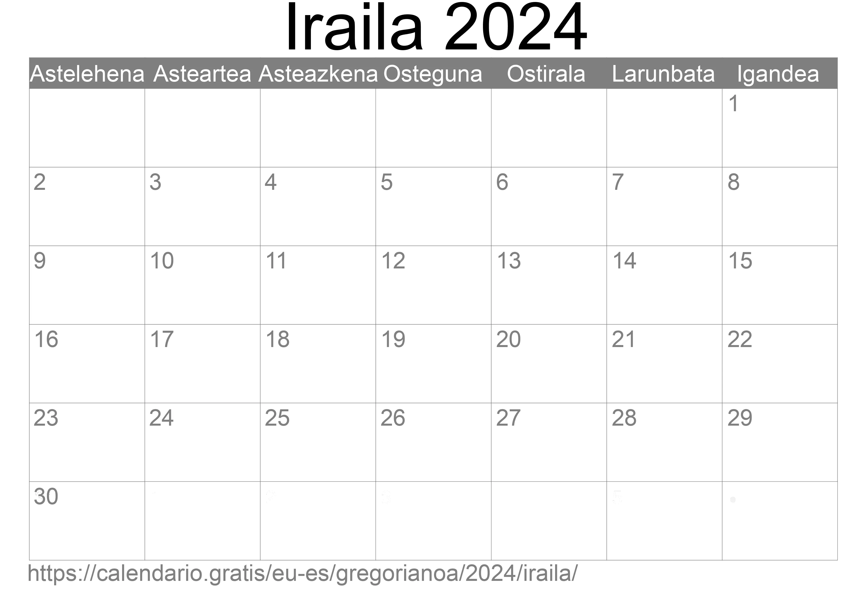 2024ko Iraila egutegia inprimatzeko (Espainia) 2024ko Iraila egutegia inprimatzeko (Espainia)