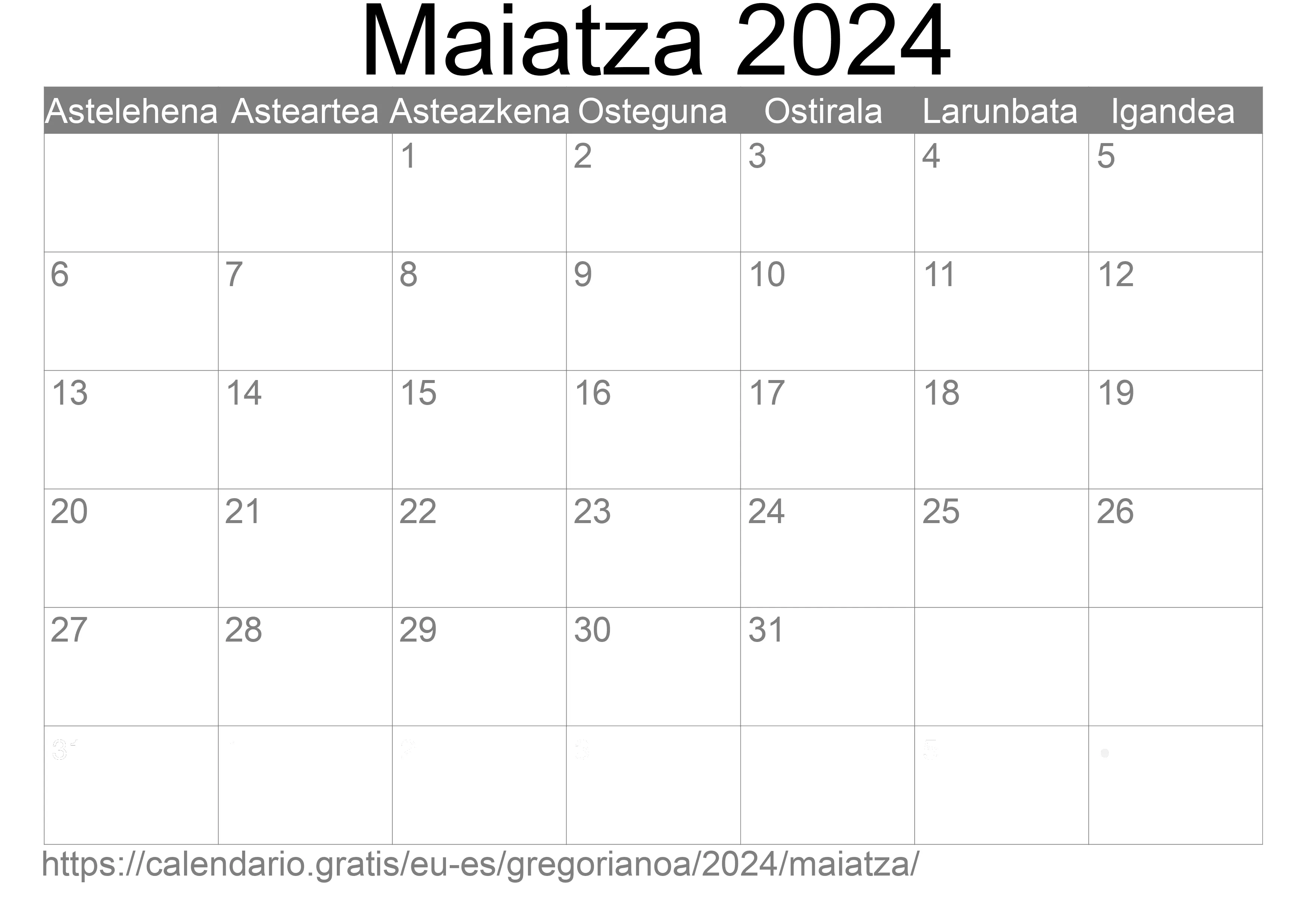 2024ko Maiatza egutegia inprimatzeko (Espainia) 2024ko Maiatza egutegia inprimatzeko (Espainia)
