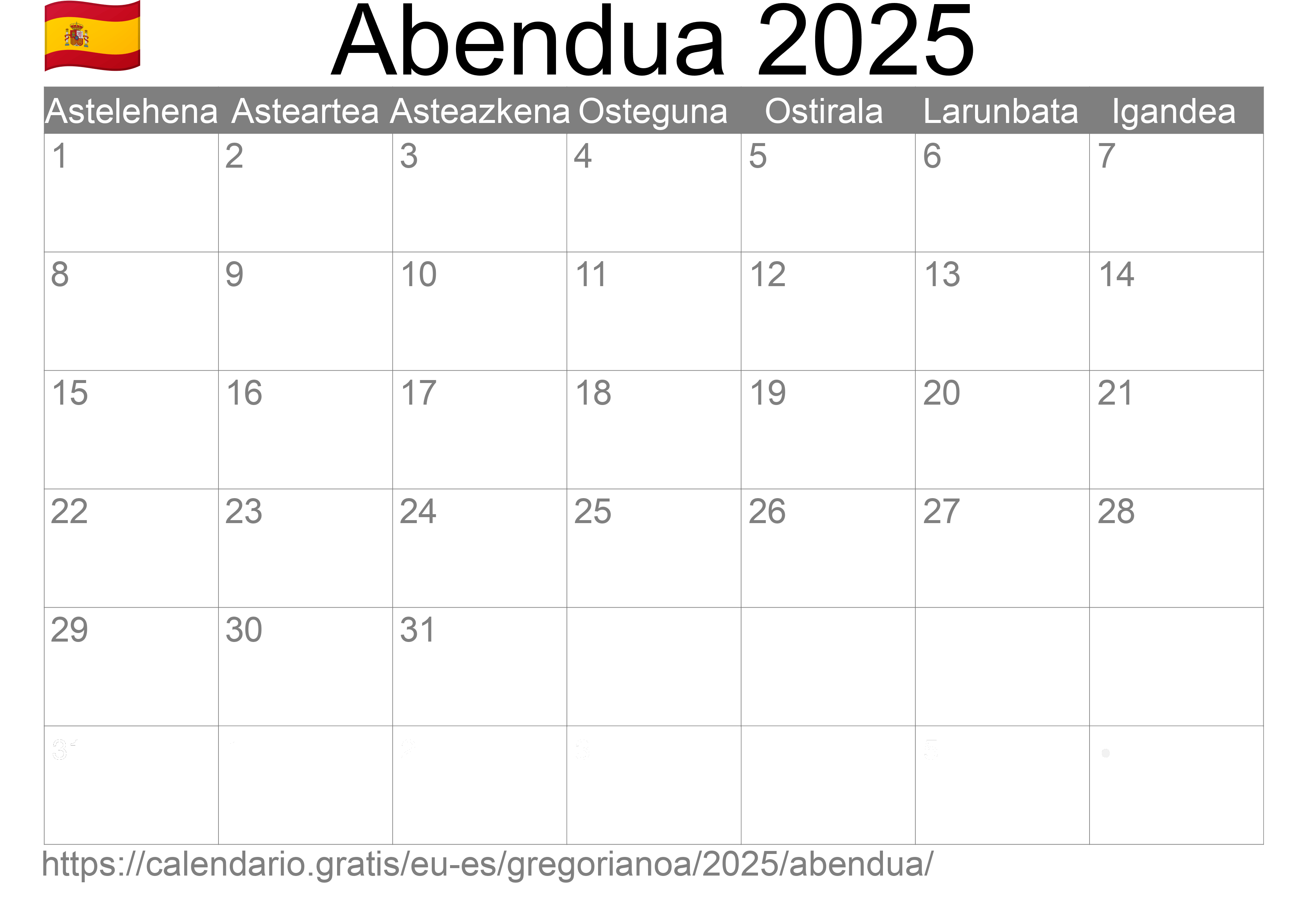 2025ko Abendua egutegia inprimatzeko