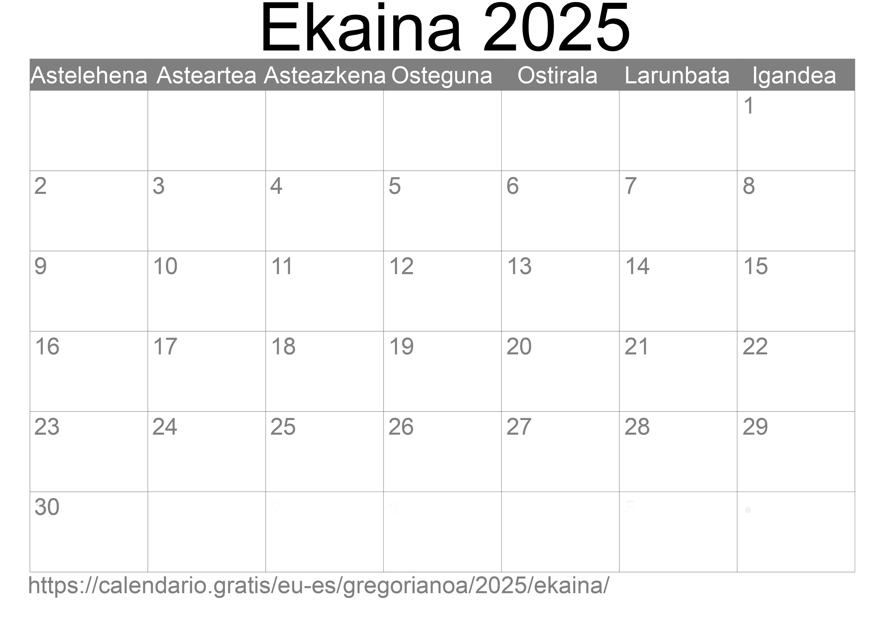 2025ko Ekaina egutegia inprimatzeko (Espainia) 2025ko Ekaina egutegia inprimatzeko (Espainia)