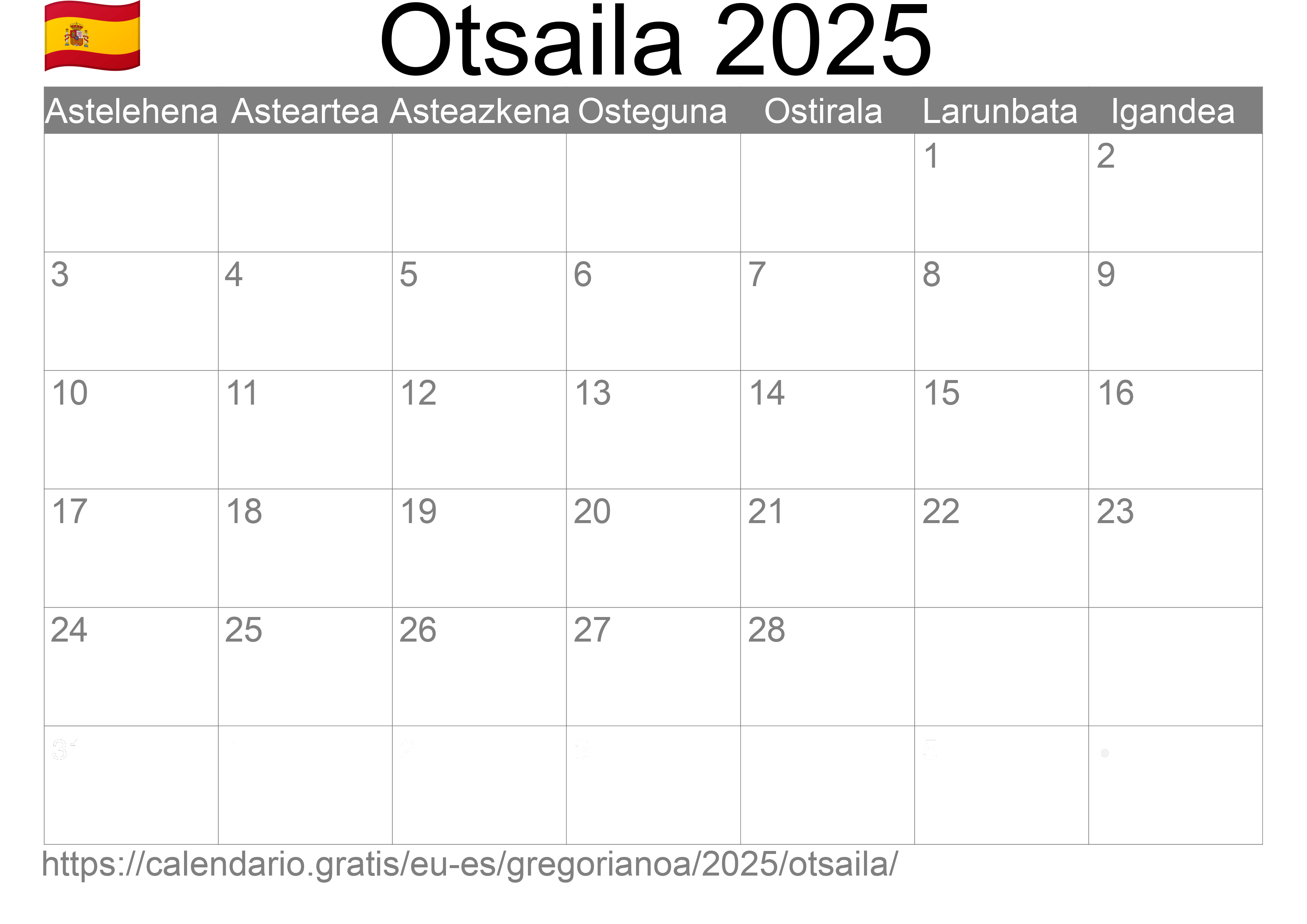 2025ko Otsaila egutegia inprimatzeko