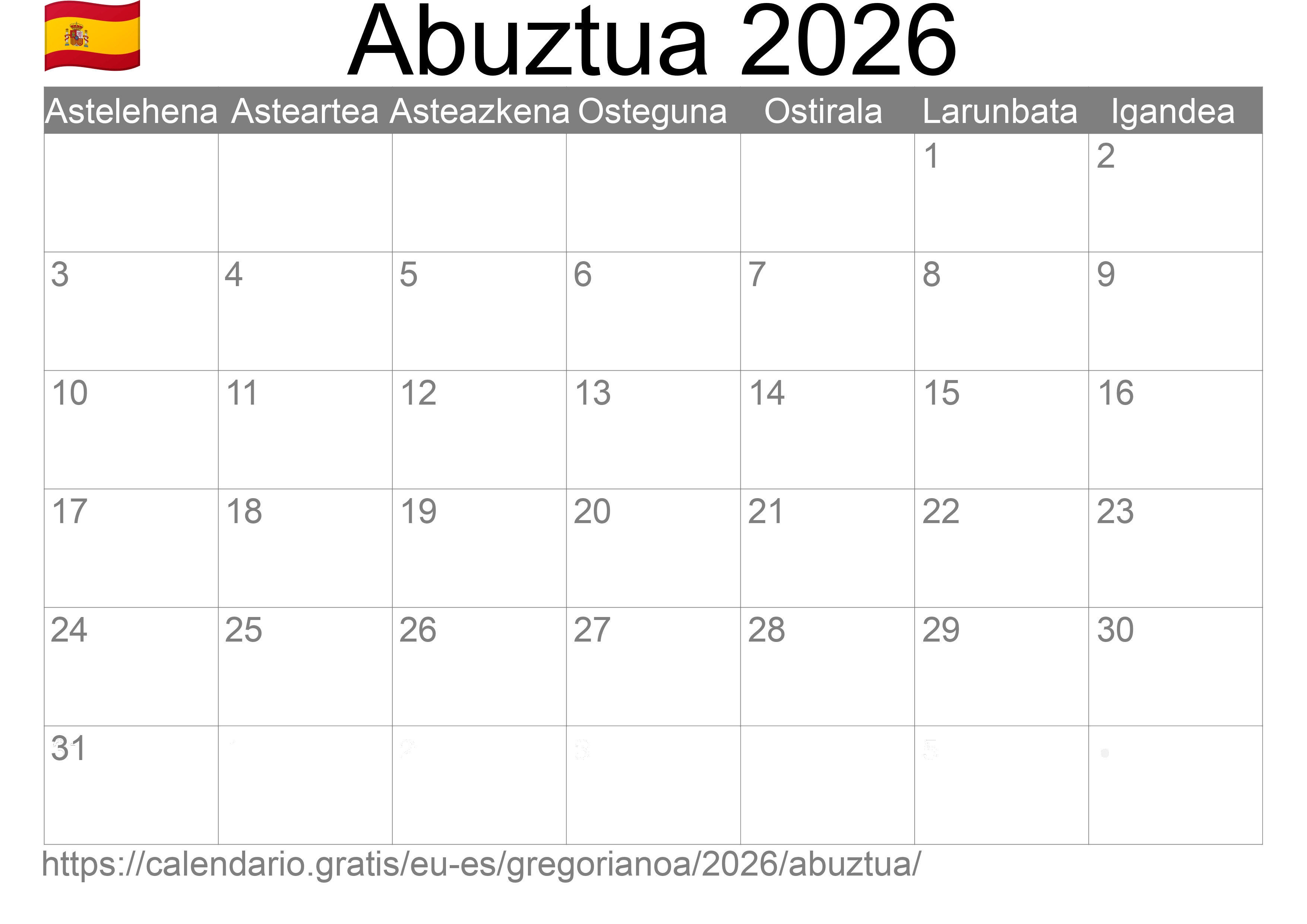 2026ko Abuztua egutegia inprimatzeko