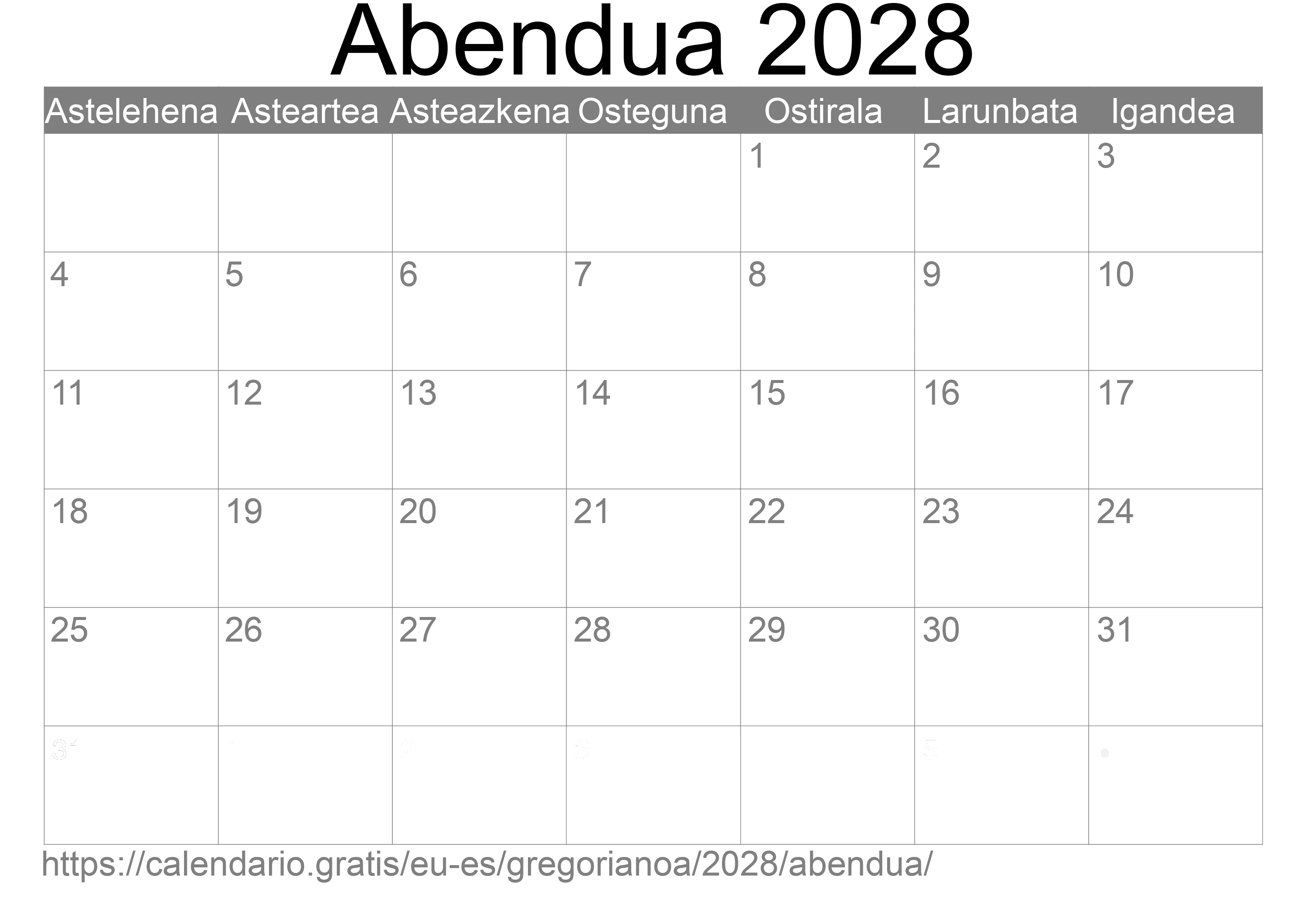 2028ko Abendua egutegia inprimatzeko (Espainia) 2028ko Abendua egutegia inprimatzeko (Espainia)