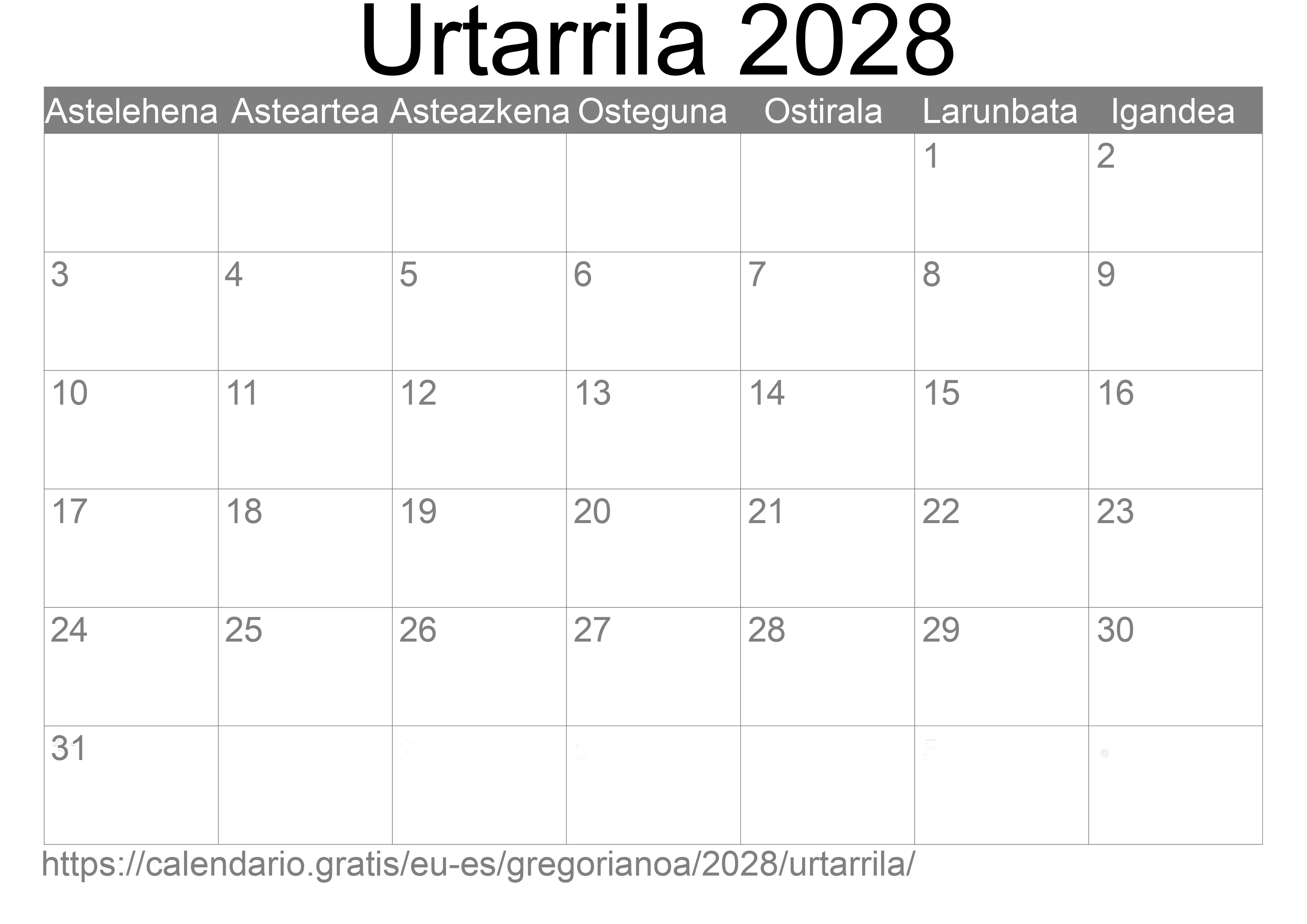 2028ko Urtarrila egutegia inprimatzeko (Espainia) 2028ko Urtarrila egutegia inprimatzeko (Espainia)