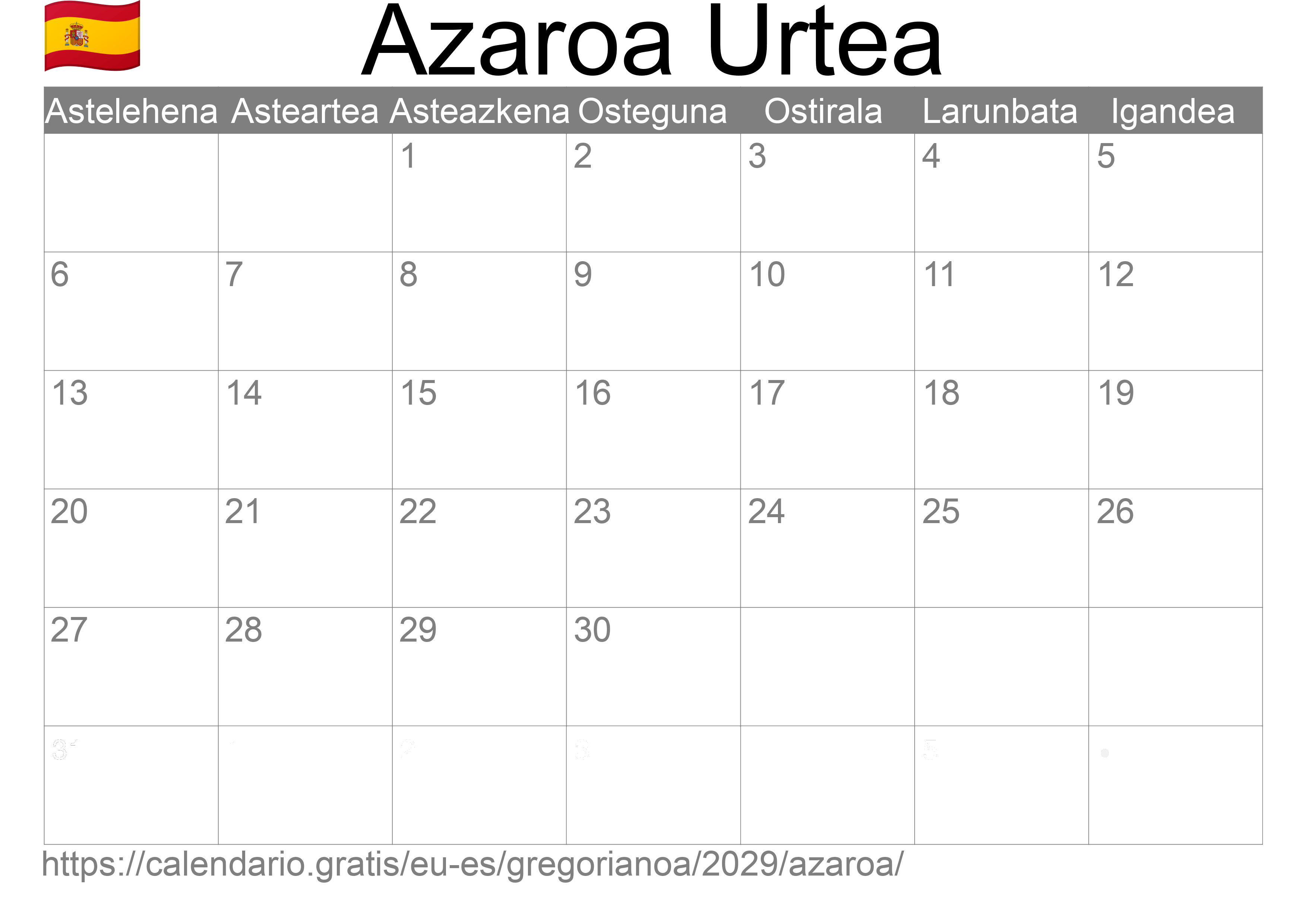 2029ko Azaroa egutegia inprimatzeko