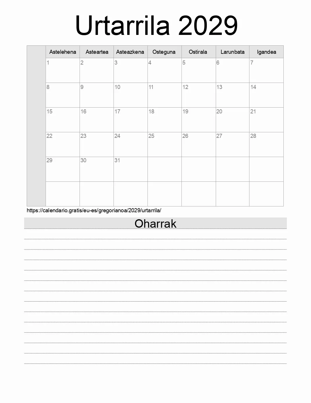 Inprimatzeko Urtarrila 2029 egutegia, oharrekin. (Espainia) Inprimatzeko Urtarrila 2029 egutegia, oharrekin. (Espainia)