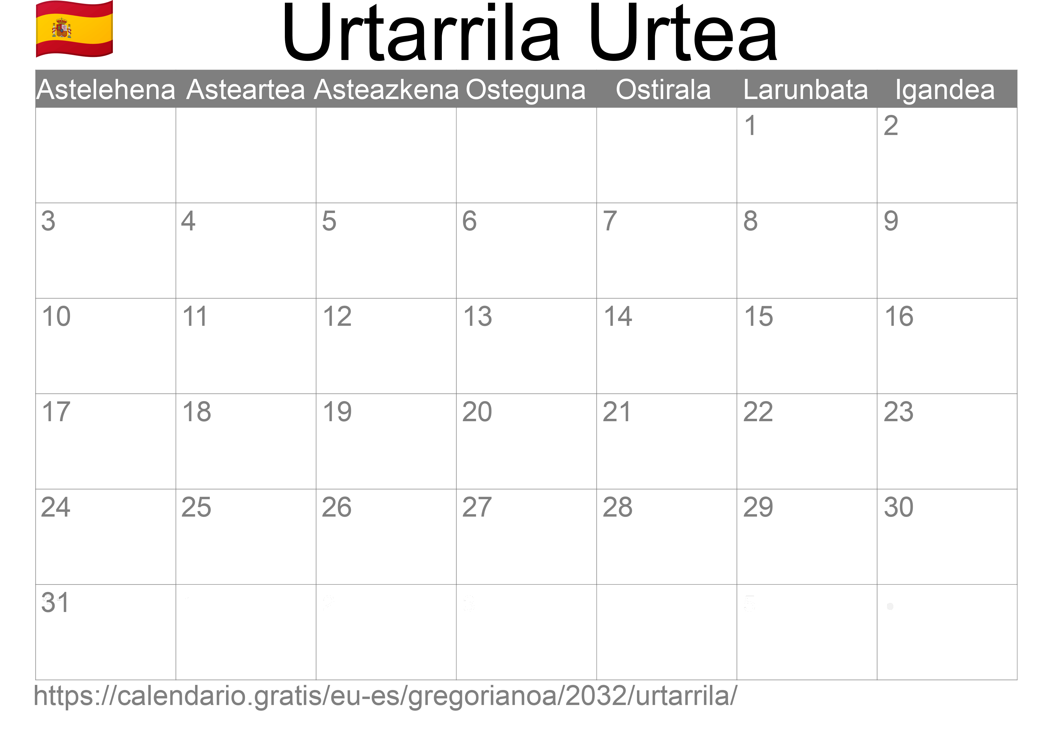 2032ko Urtarrila egutegia inprimatzeko