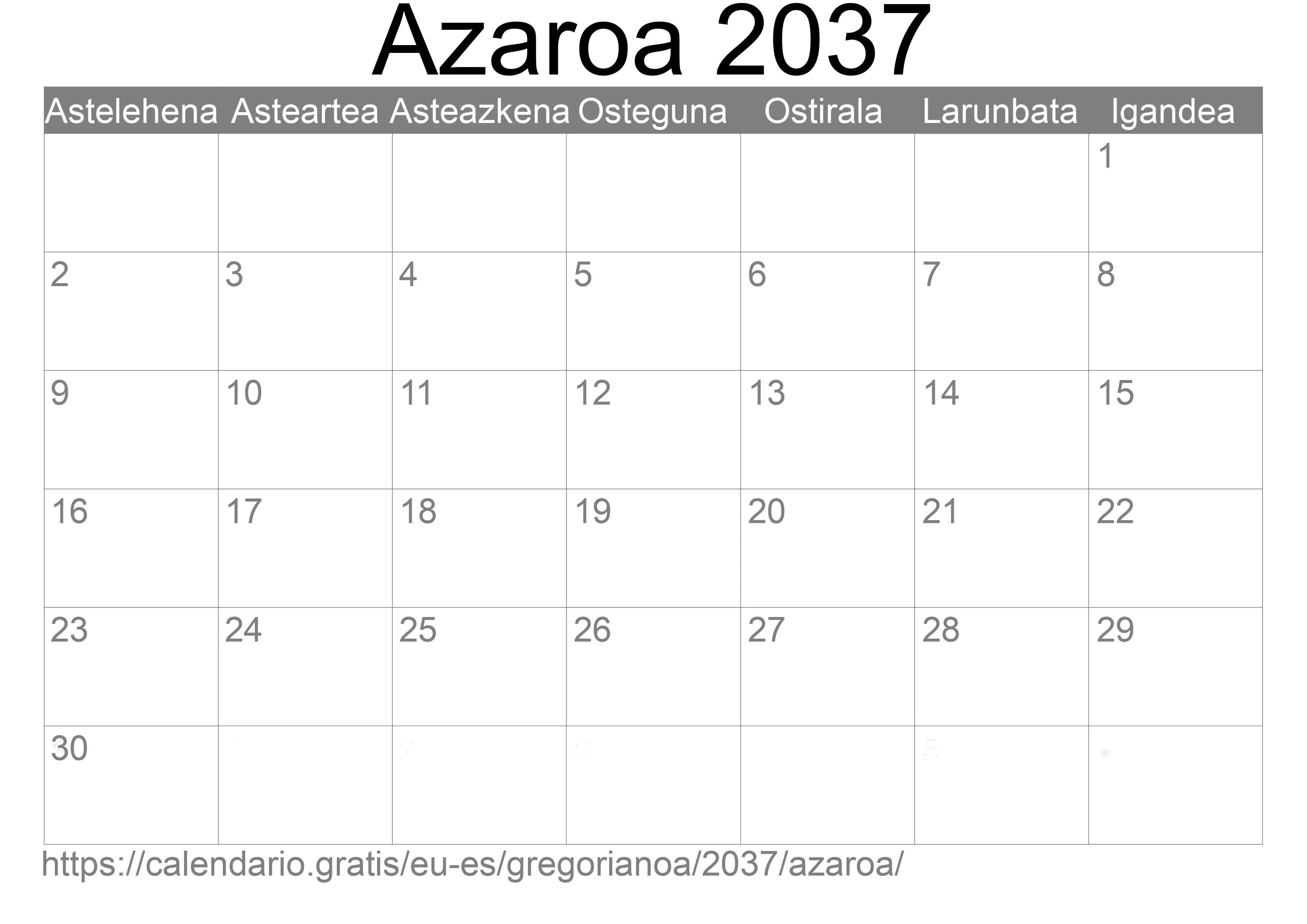 2037ko Azaroa egutegia inprimatzeko (Espainia) 2037ko Azaroa egutegia inprimatzeko (Espainia)