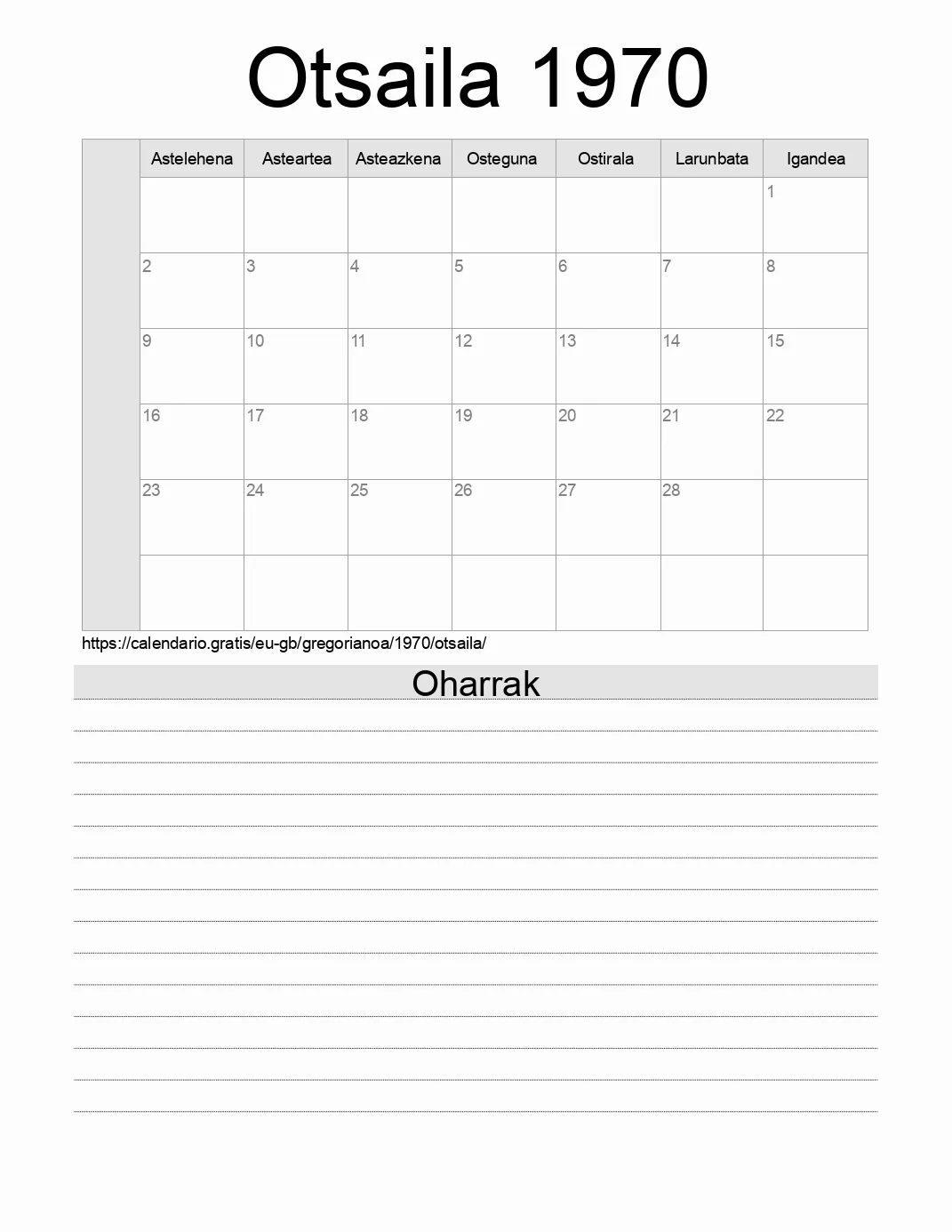 Inprimatzeko Otsaila 1970 egutegia, oharrekin. (Erresuma Batua) Inprimatzeko Otsaila 1970 egutegia, oharrekin. (Erresuma Batua)