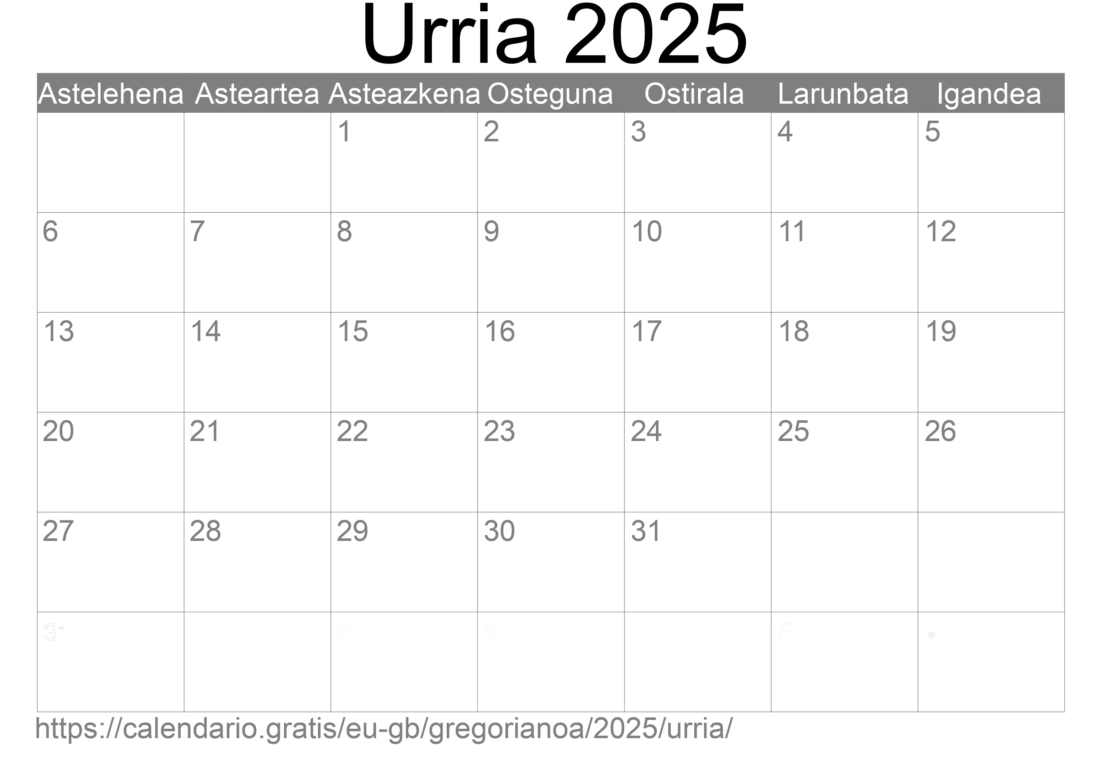 2025ko Urria egutegia inprimatzeko (Erresuma Batua)