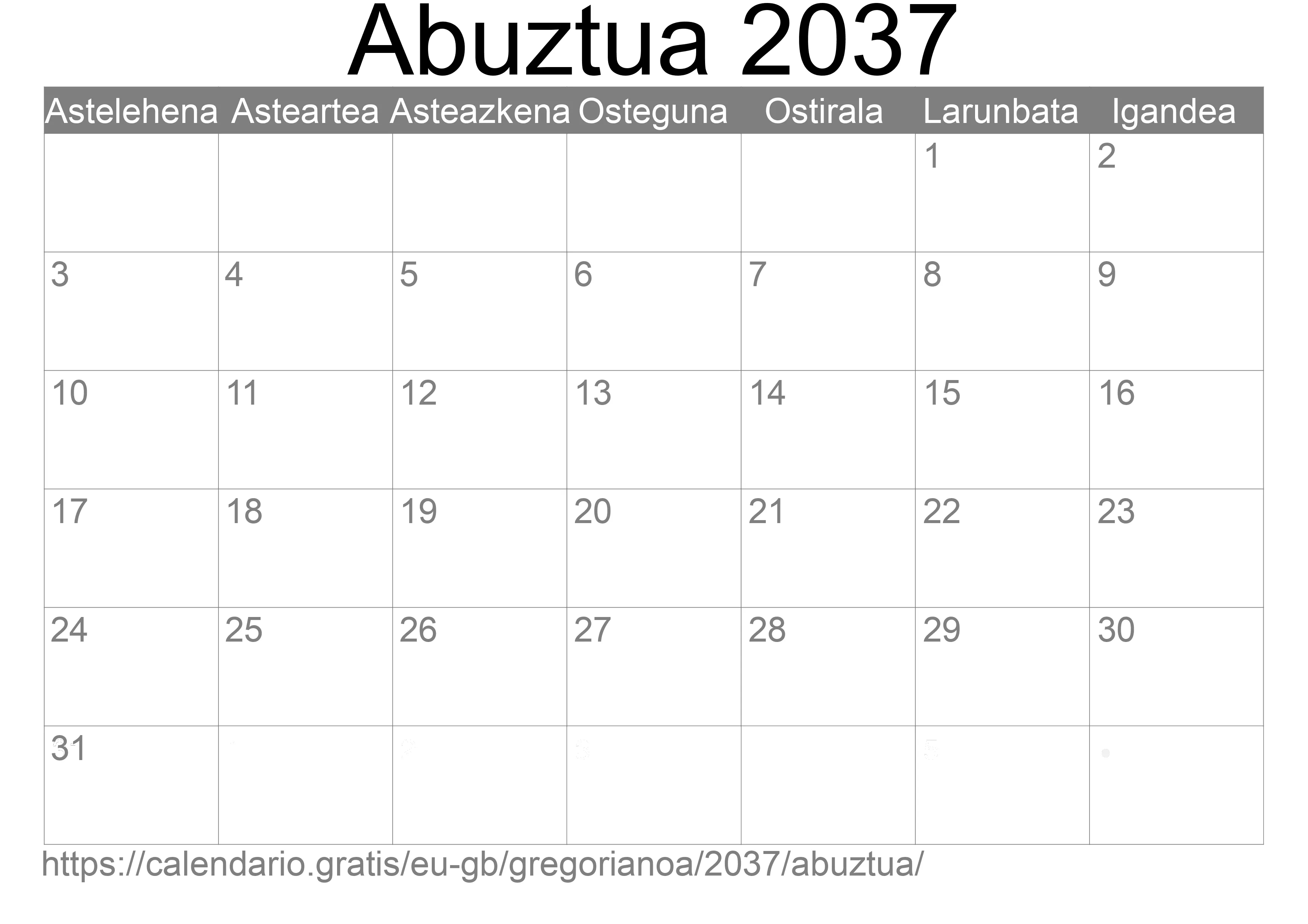 2037ko Abuztua egutegia inprimatzeko (Erresuma Batua)
