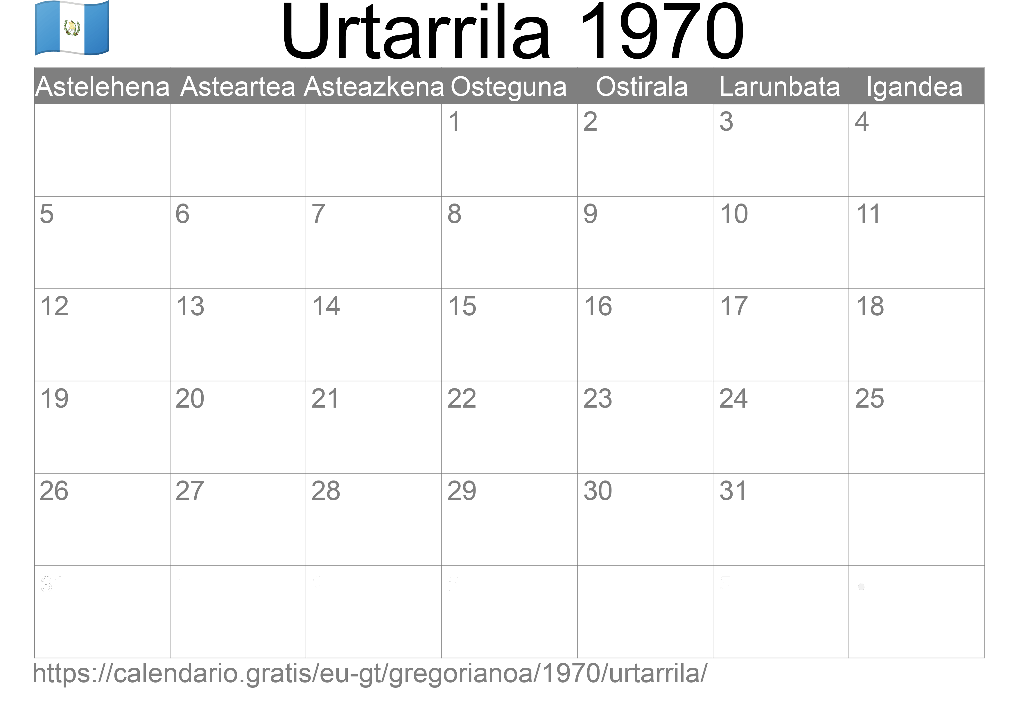 1970ko Urtarrila egutegia inprimatzeko