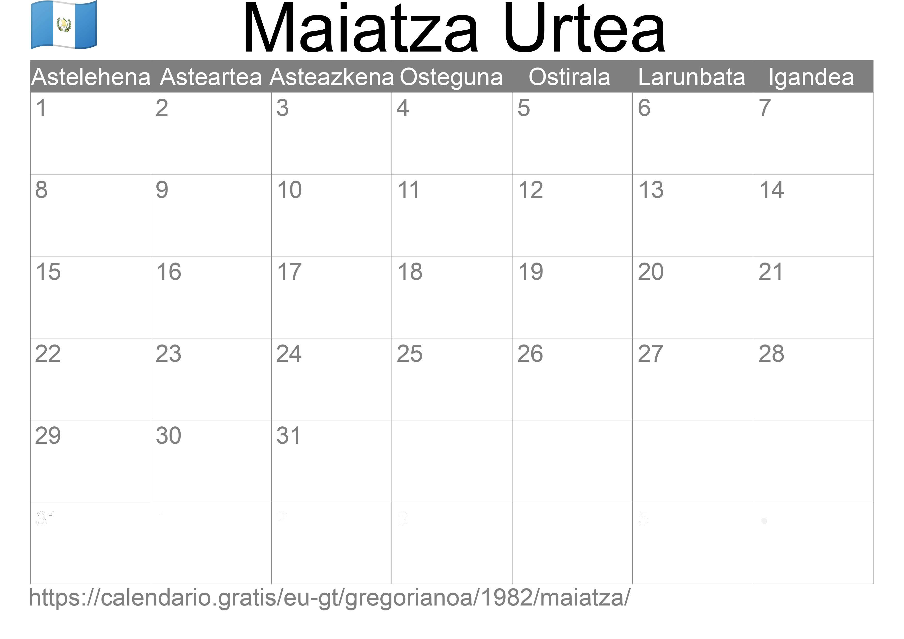 1982ko Maiatza egutegia inprimatzeko