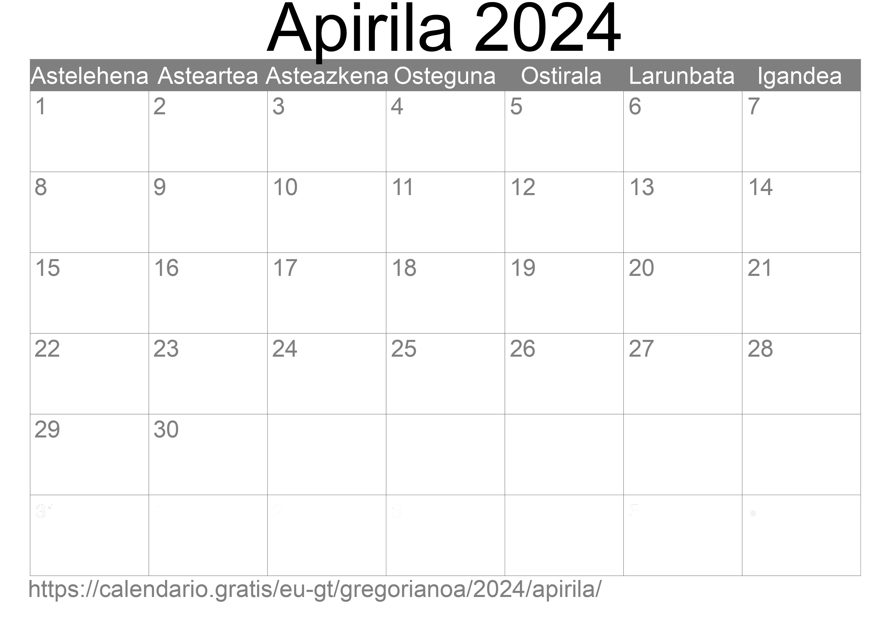 2024ko Apirila egutegia inprimatzeko (Guatemala) 2024ko Apirila egutegia inprimatzeko (Guatemala)