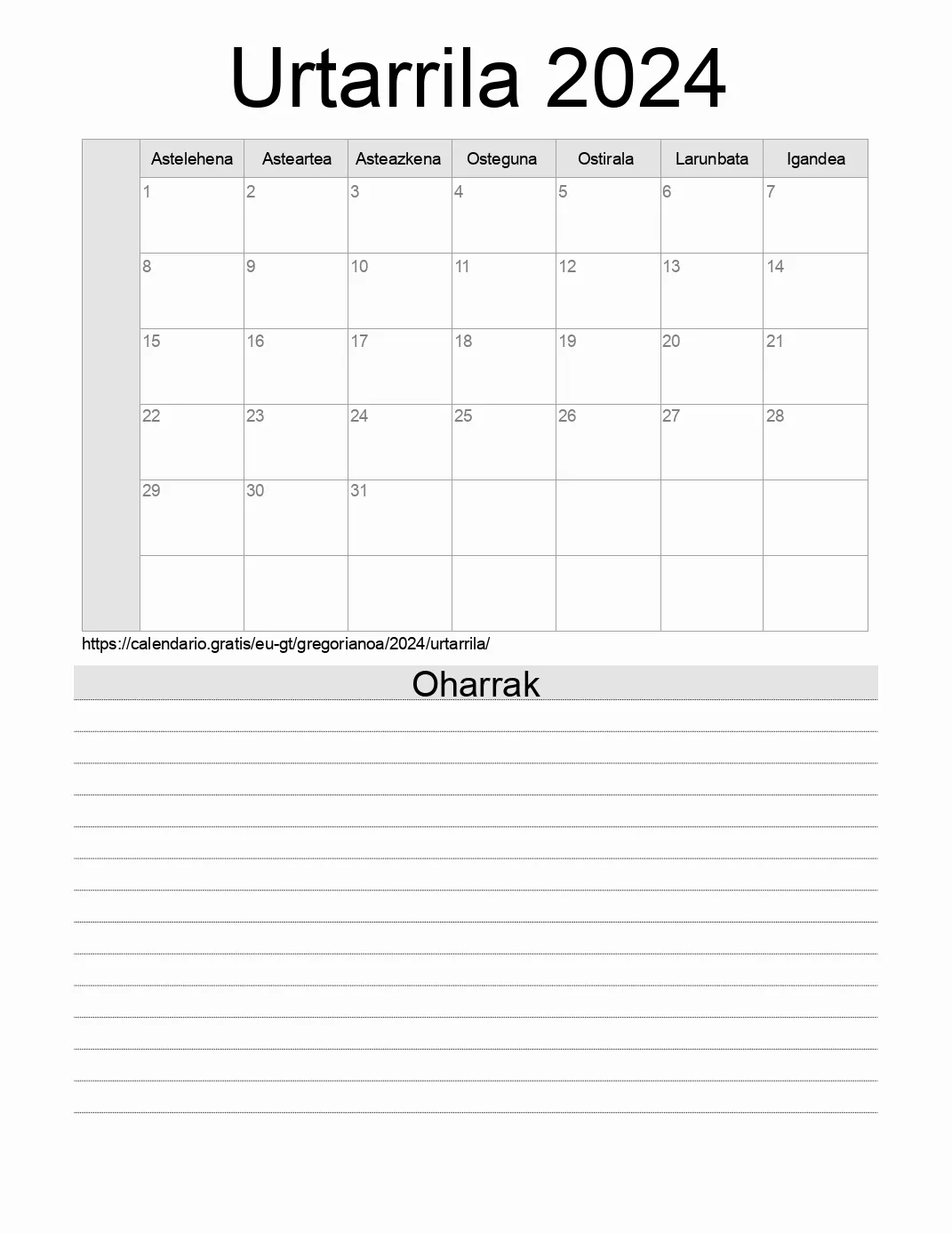 Inprimatzeko Urtarrila 2024 egutegia, oharrekin. (Guatemala) Inprimatzeko Urtarrila 2024 egutegia, oharrekin. (Guatemala)