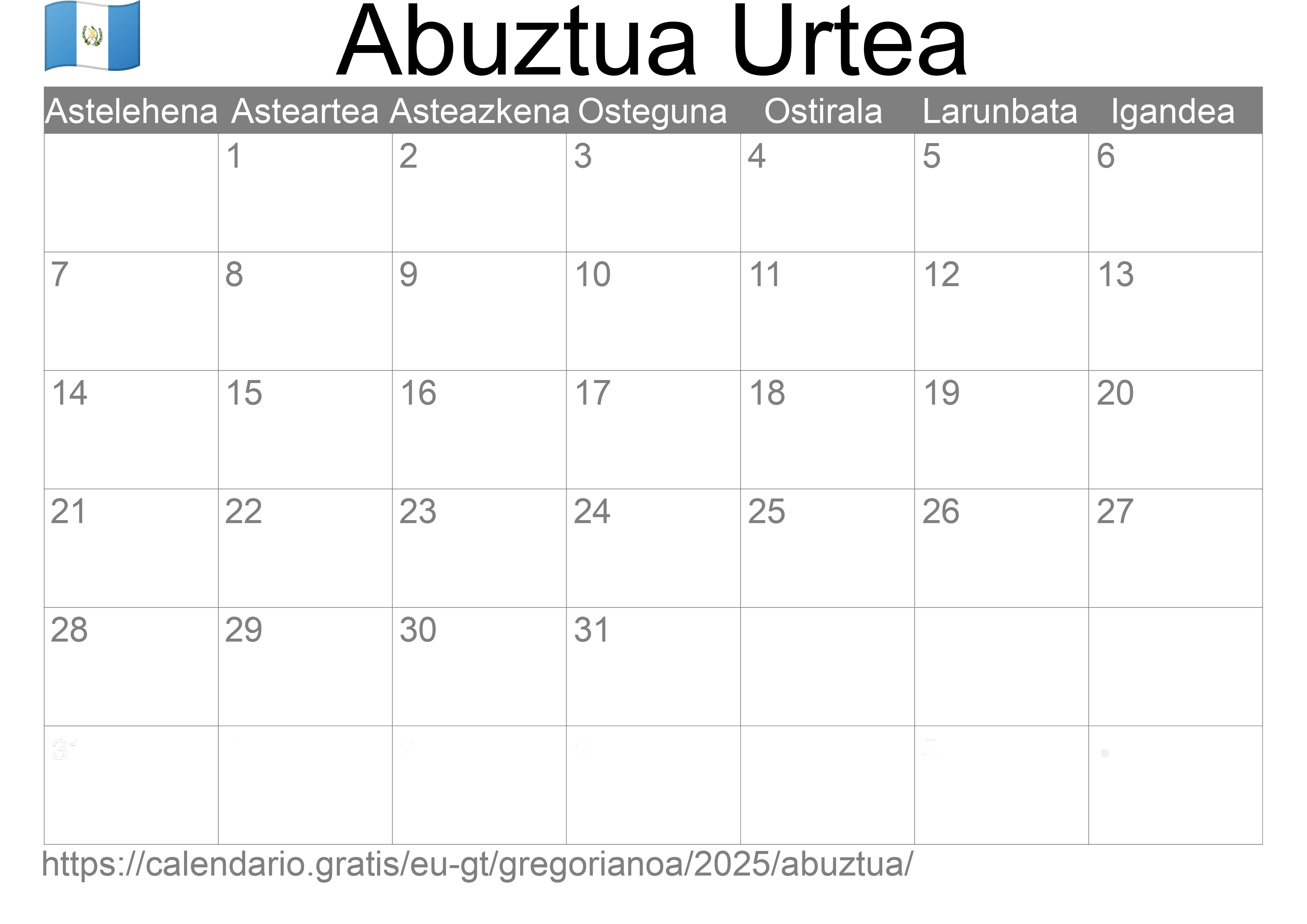 2025ko Abuztua egutegia inprimatzeko