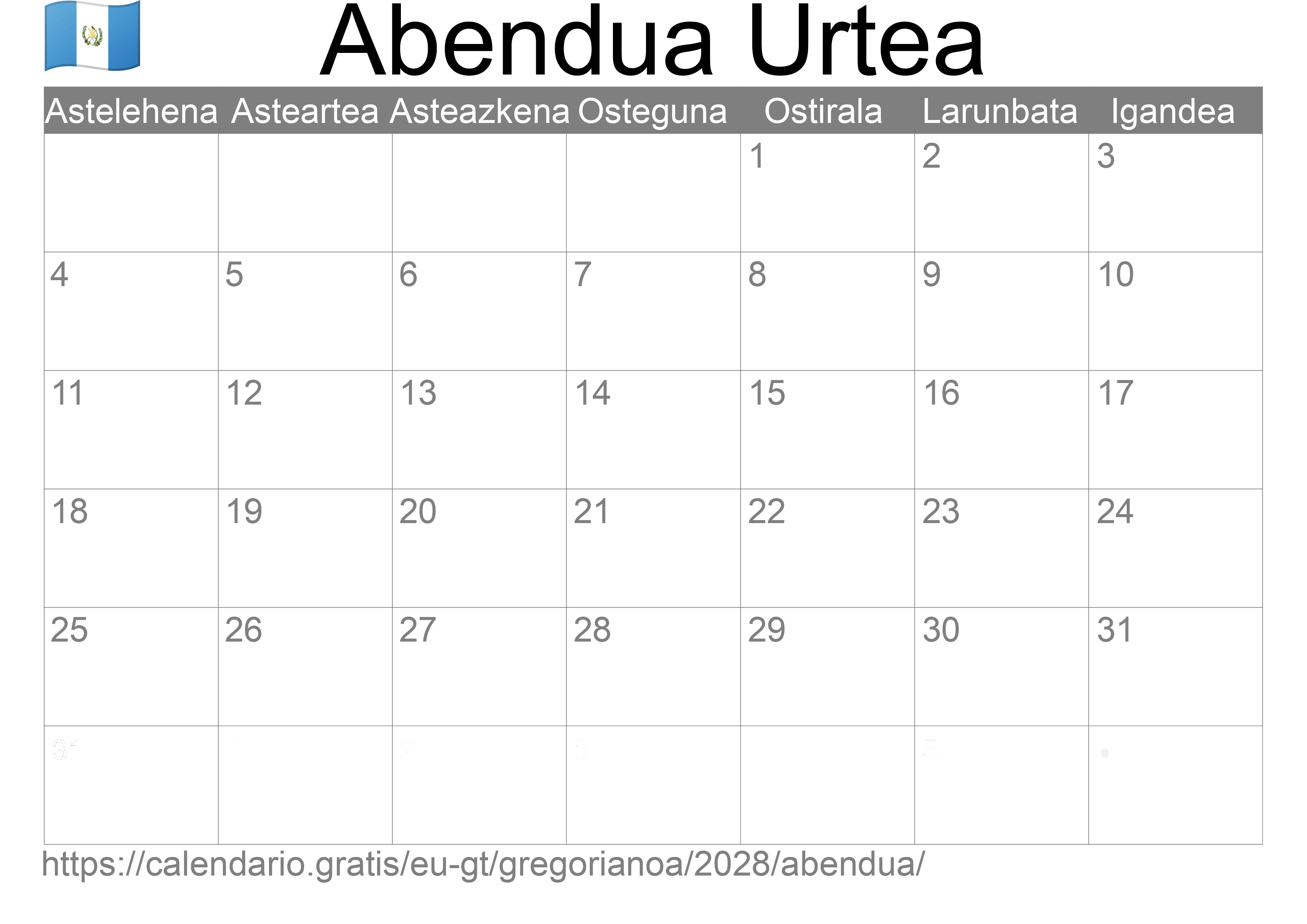 2028ko Abendua egutegia inprimatzeko