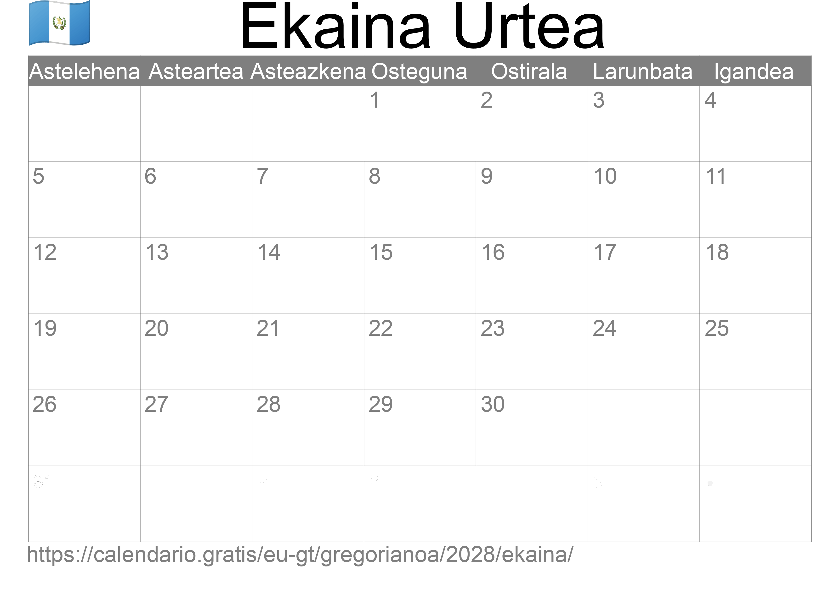 2028ko Ekaina egutegia inprimatzeko