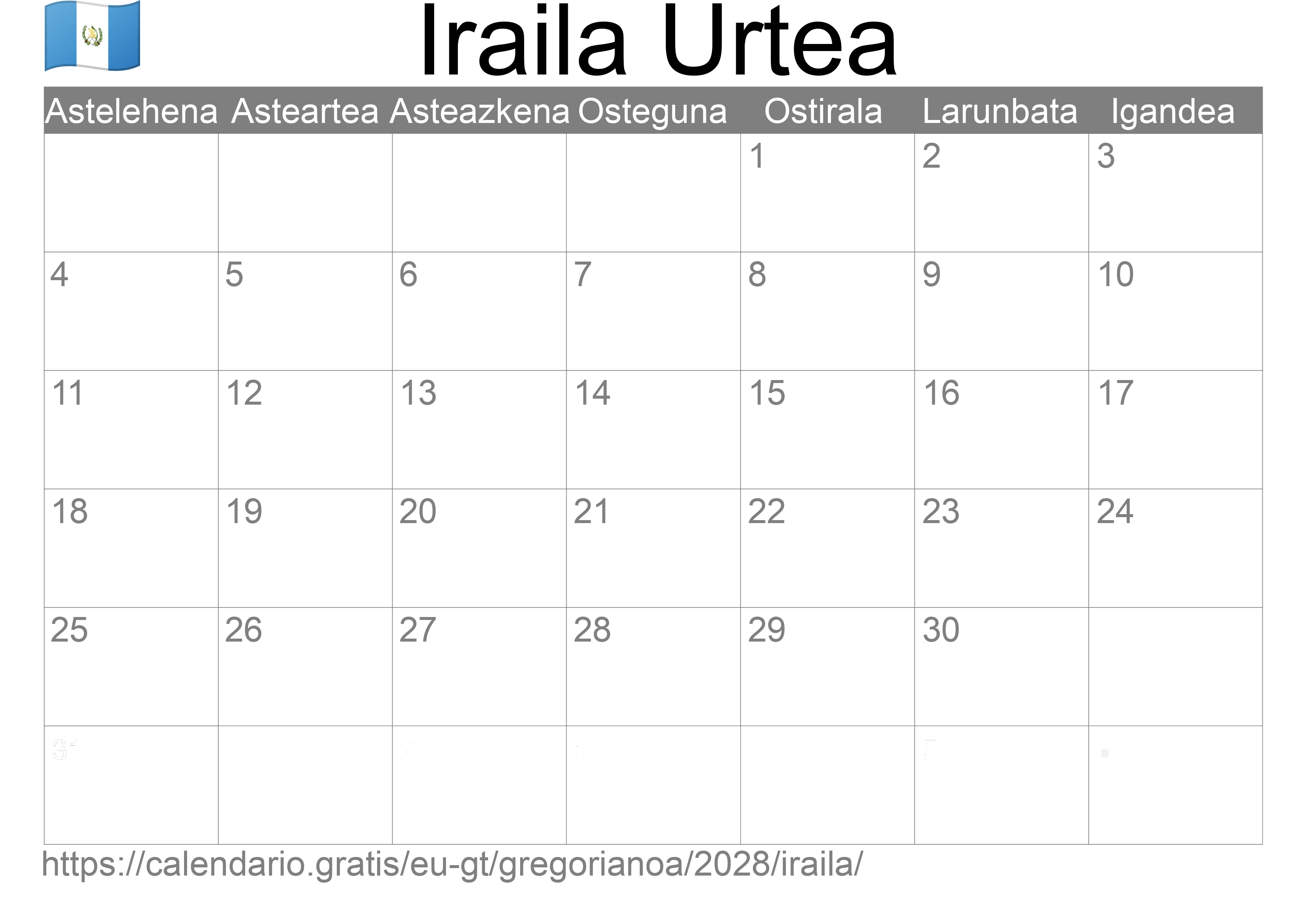 2028ko Iraila egutegia inprimatzeko