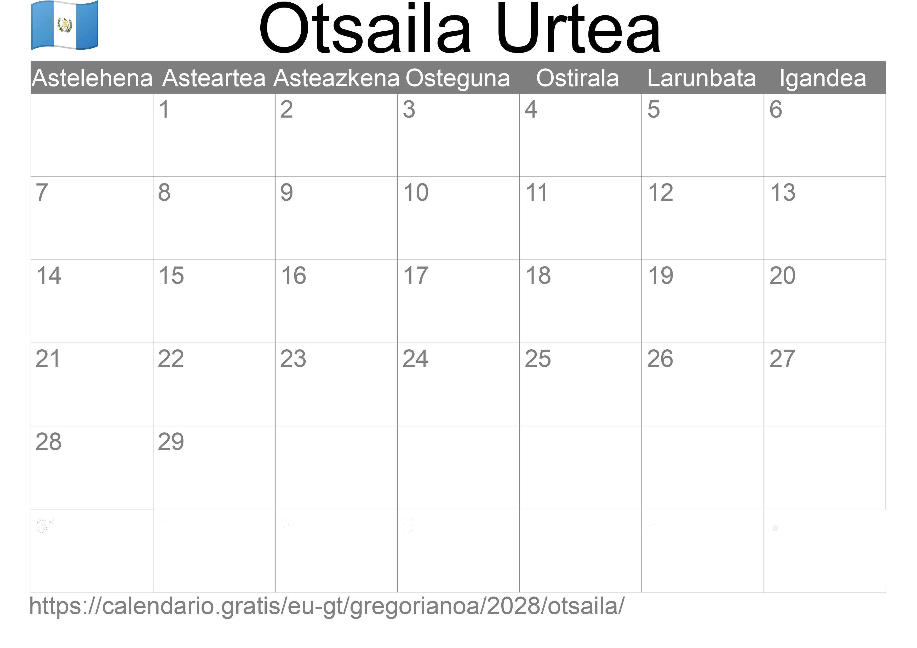 2028ko Otsaila egutegia inprimatzeko