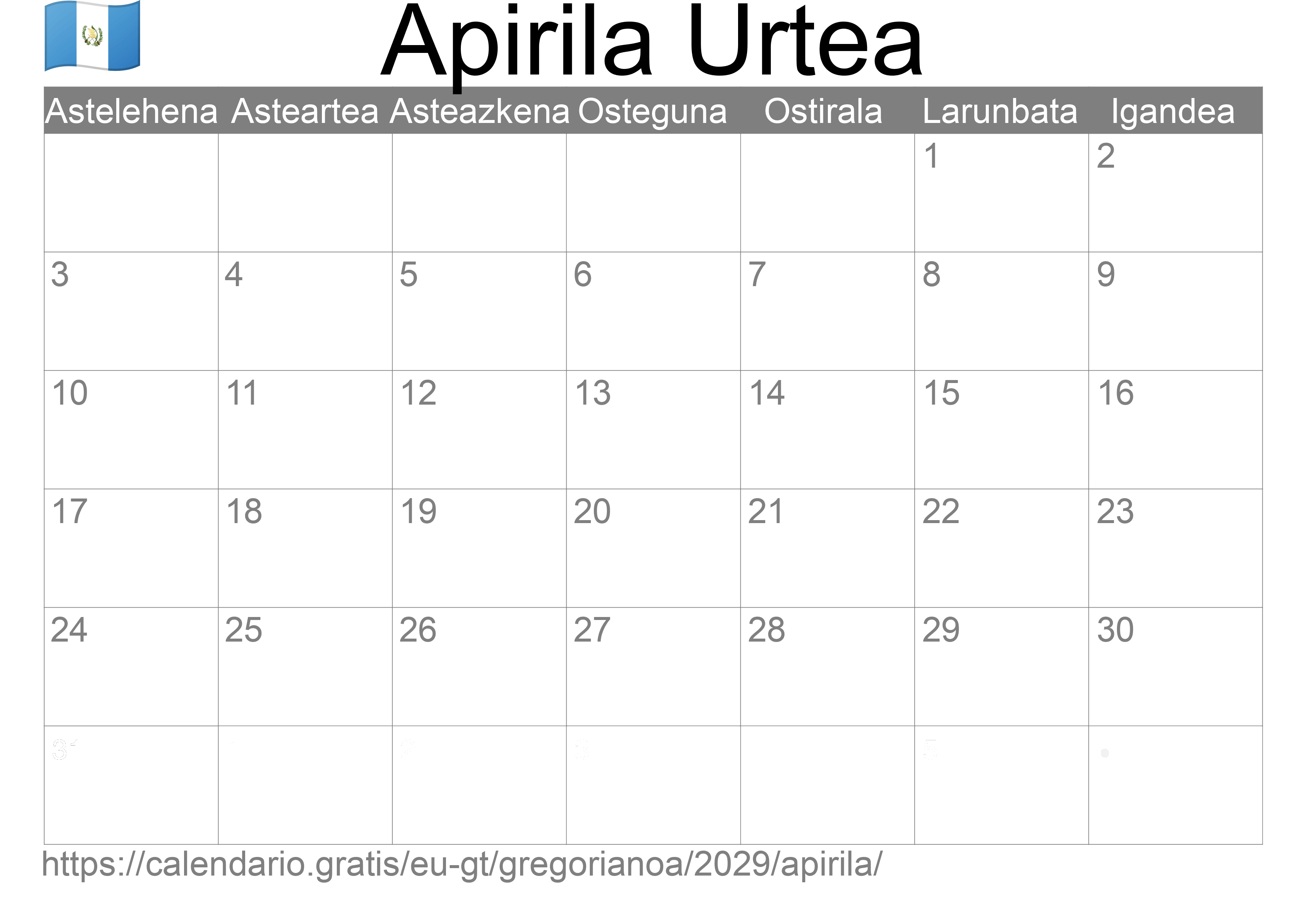 2029ko Apirila egutegia inprimatzeko