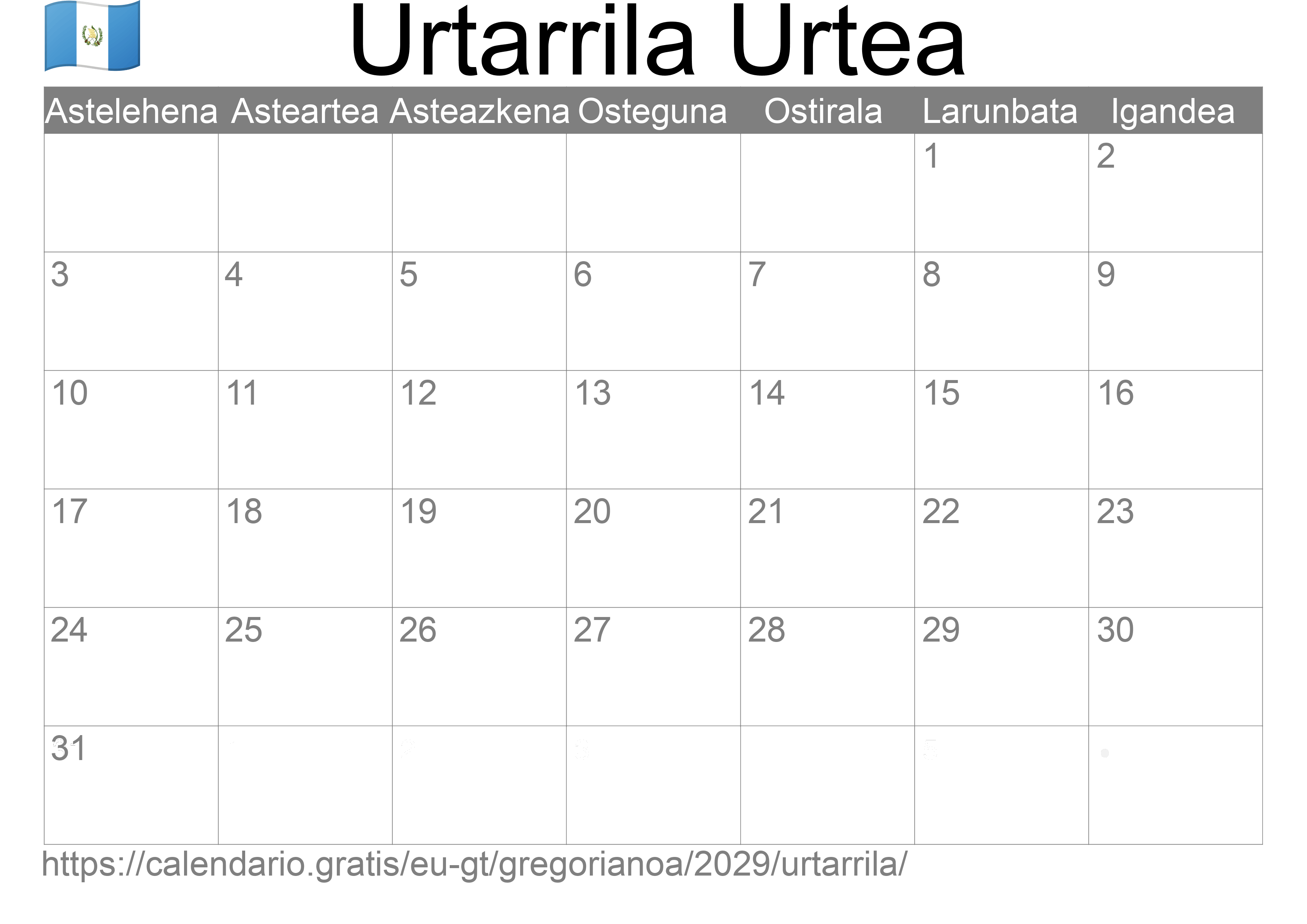 2029ko Urtarrila egutegia inprimatzeko