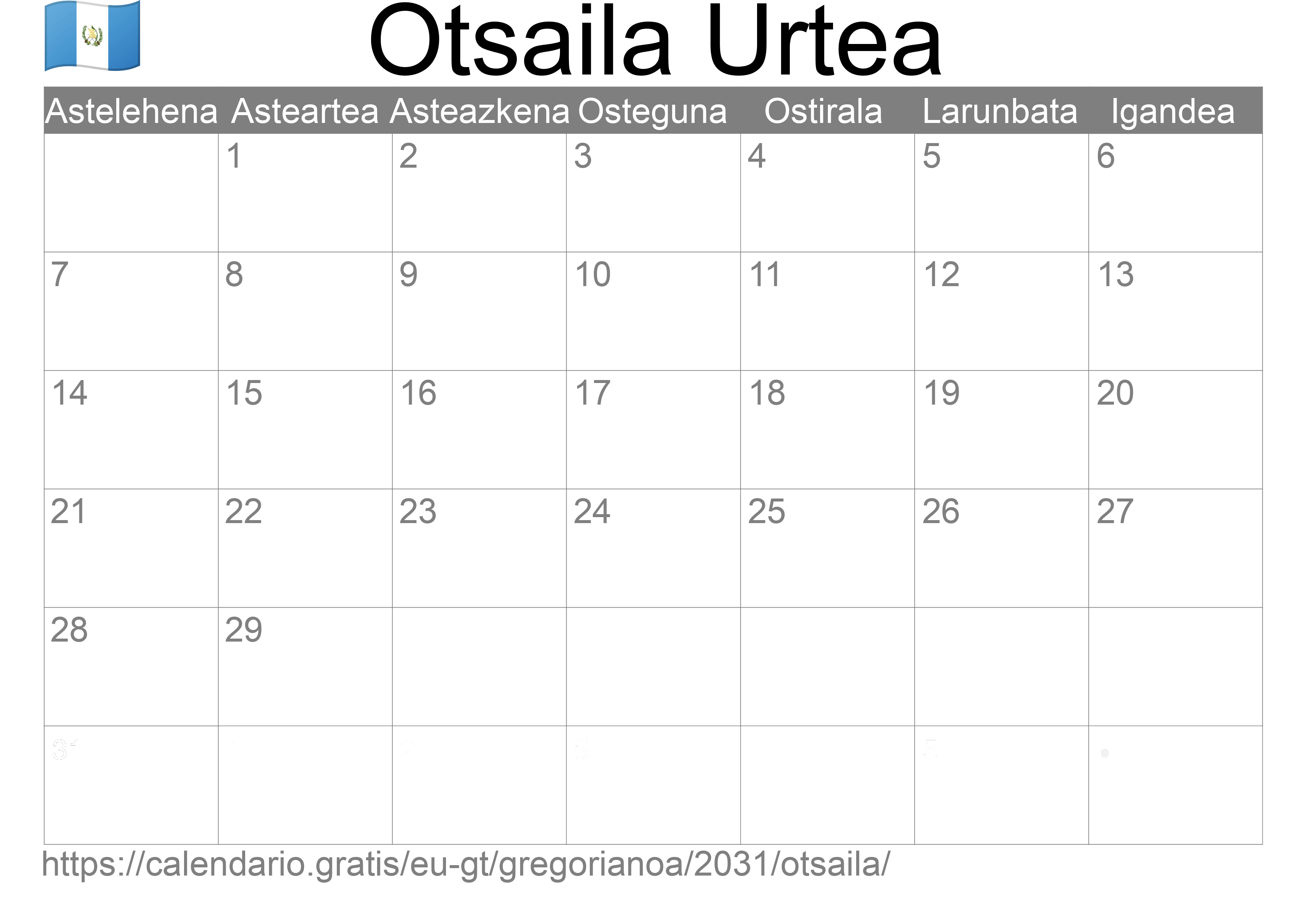 2031ko Otsaila egutegia inprimatzeko