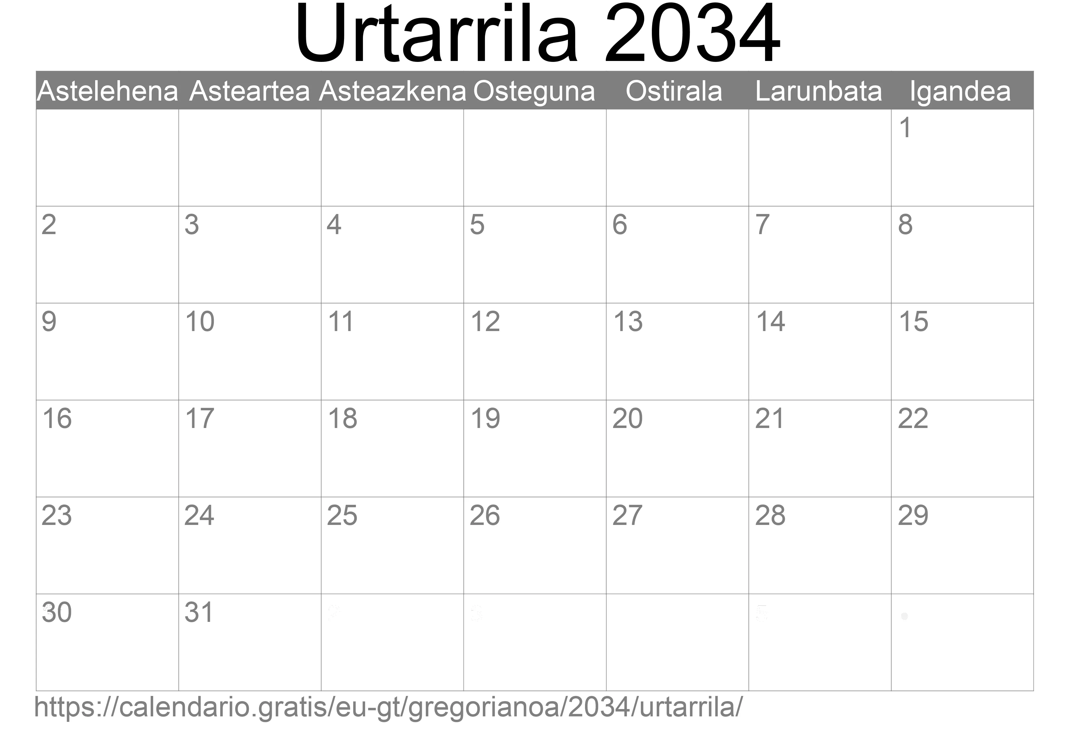 2034ko Urtarrila egutegia inprimatzeko (Guatemala) 2034ko Urtarrila egutegia inprimatzeko (Guatemala)