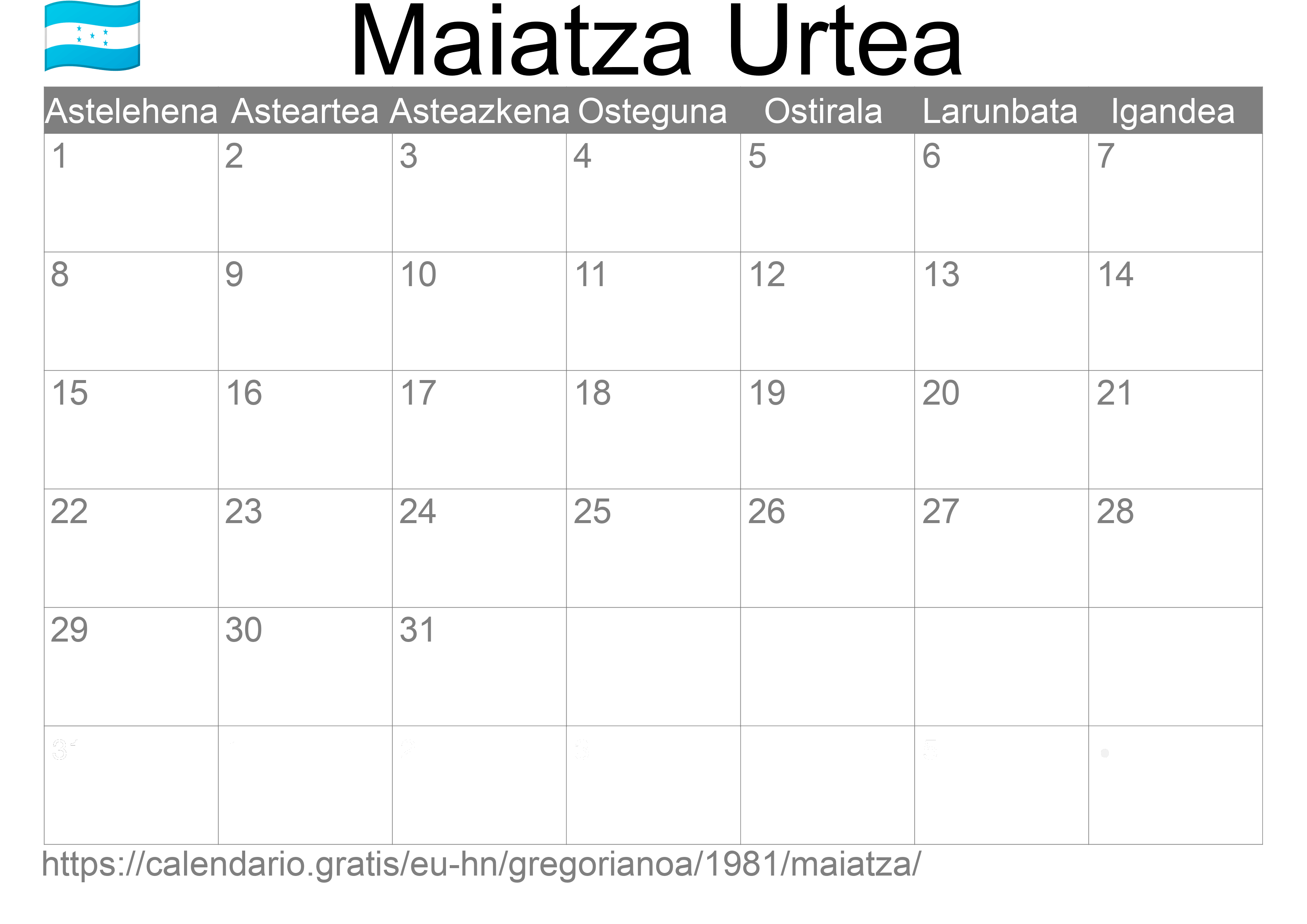 1981ko Maiatza egutegia inprimatzeko