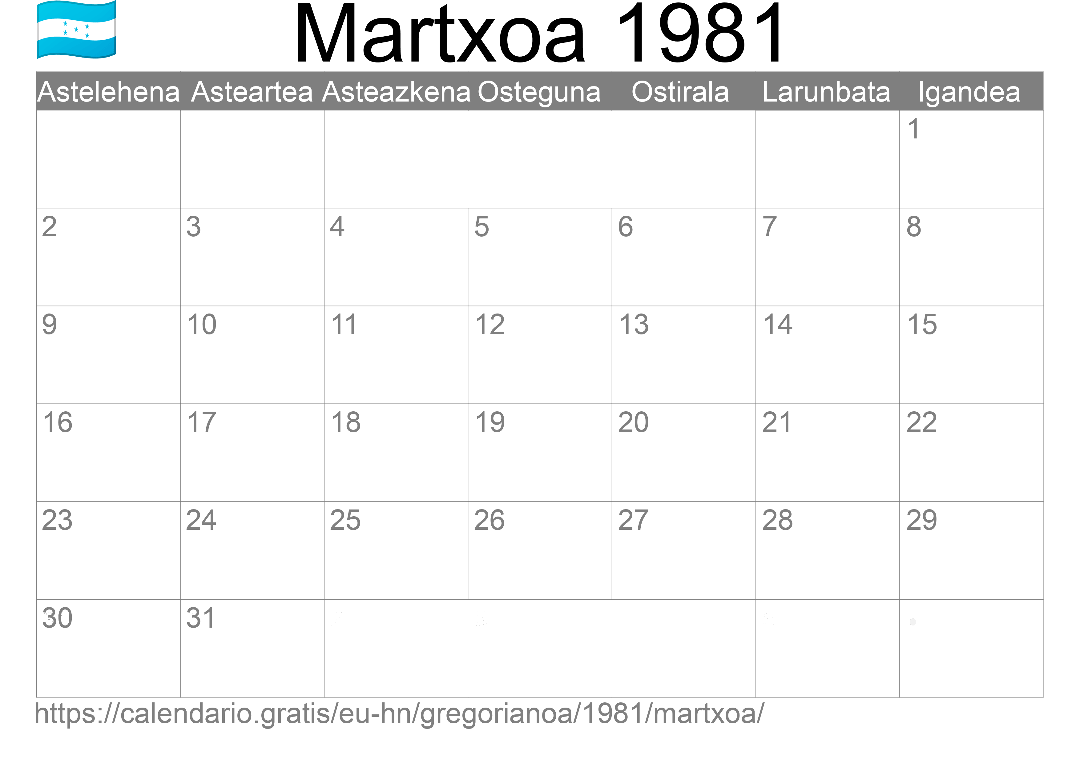 1981ko Martxoa egutegia inprimatzeko